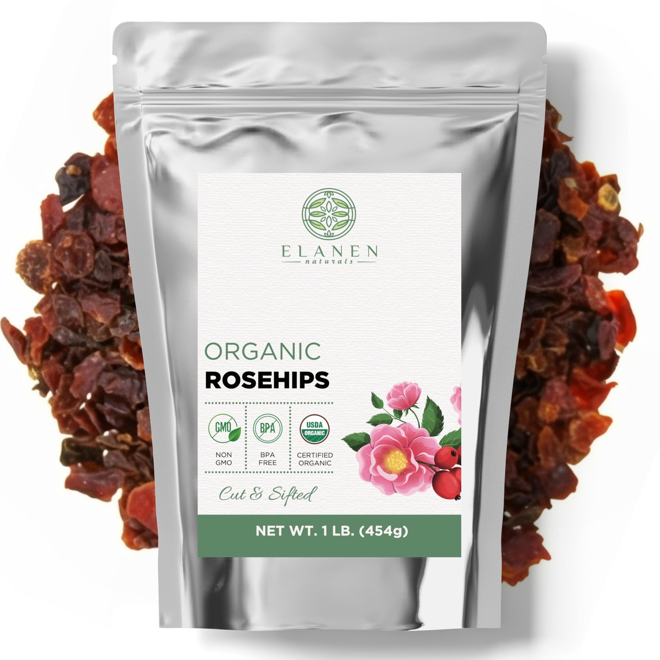 Elanen Naturals Organic Rose Hips 1 Lb. (16 Oz.), Usda Certified Rosehip Tea, Dried Organic, Hip Tea Whole Bulk, Cut & Sifted