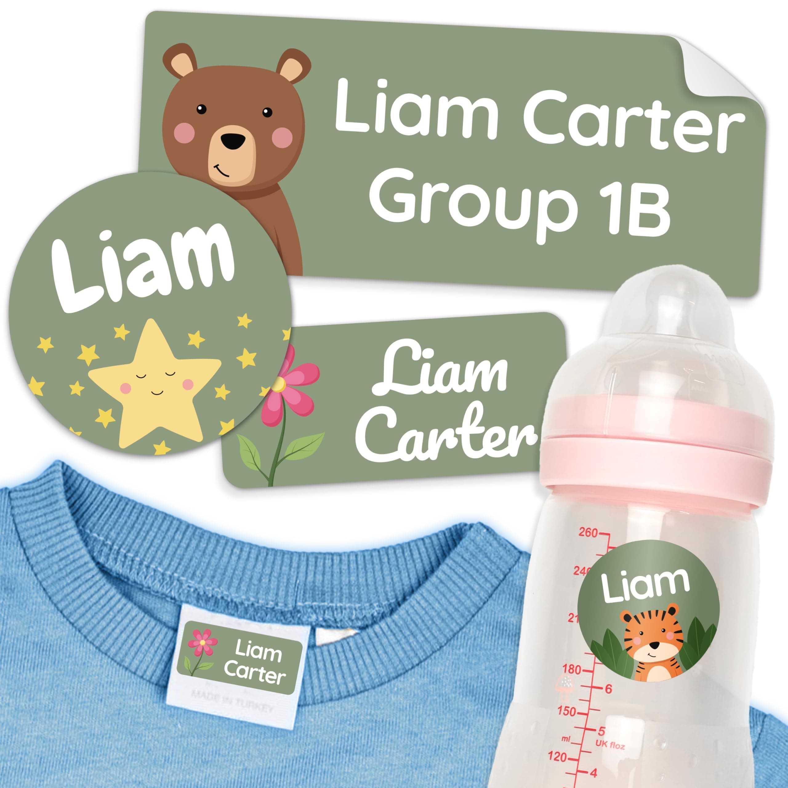 Personalized Daycare Name Labels for Kids Green [50pcs] - Waterproof Name Stickers for School, Baby Bottles & Clothing - Custom Name Stickers - Washable Stick On Labels (Various Sizes)