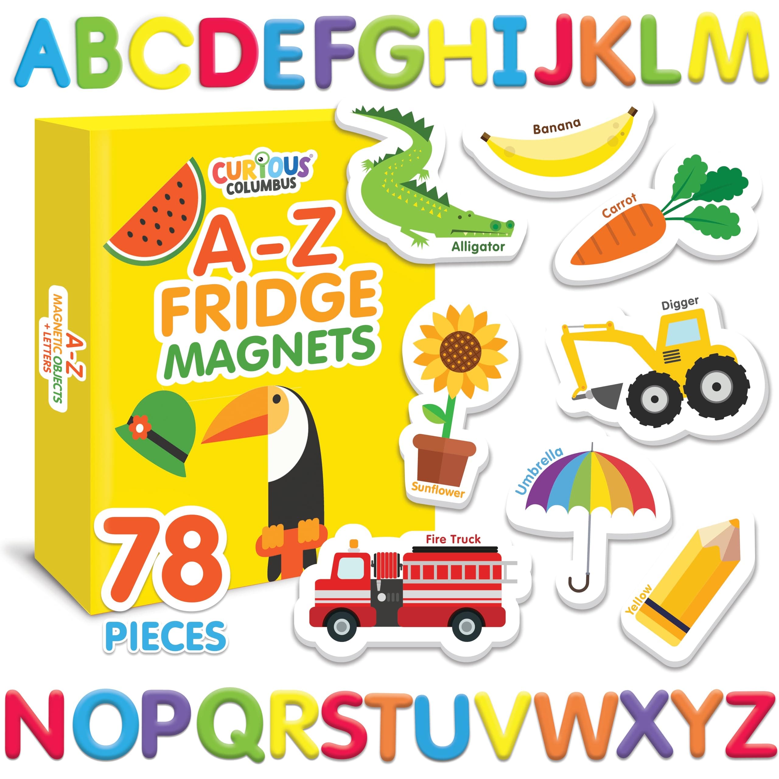 Curious Columbus Magnetic Objects and Letters, 78 Foam Magnets Set Includes 52 Photos and 26 Capital Letter Magnets A-Z Great Preschool Learning Educational Toy
