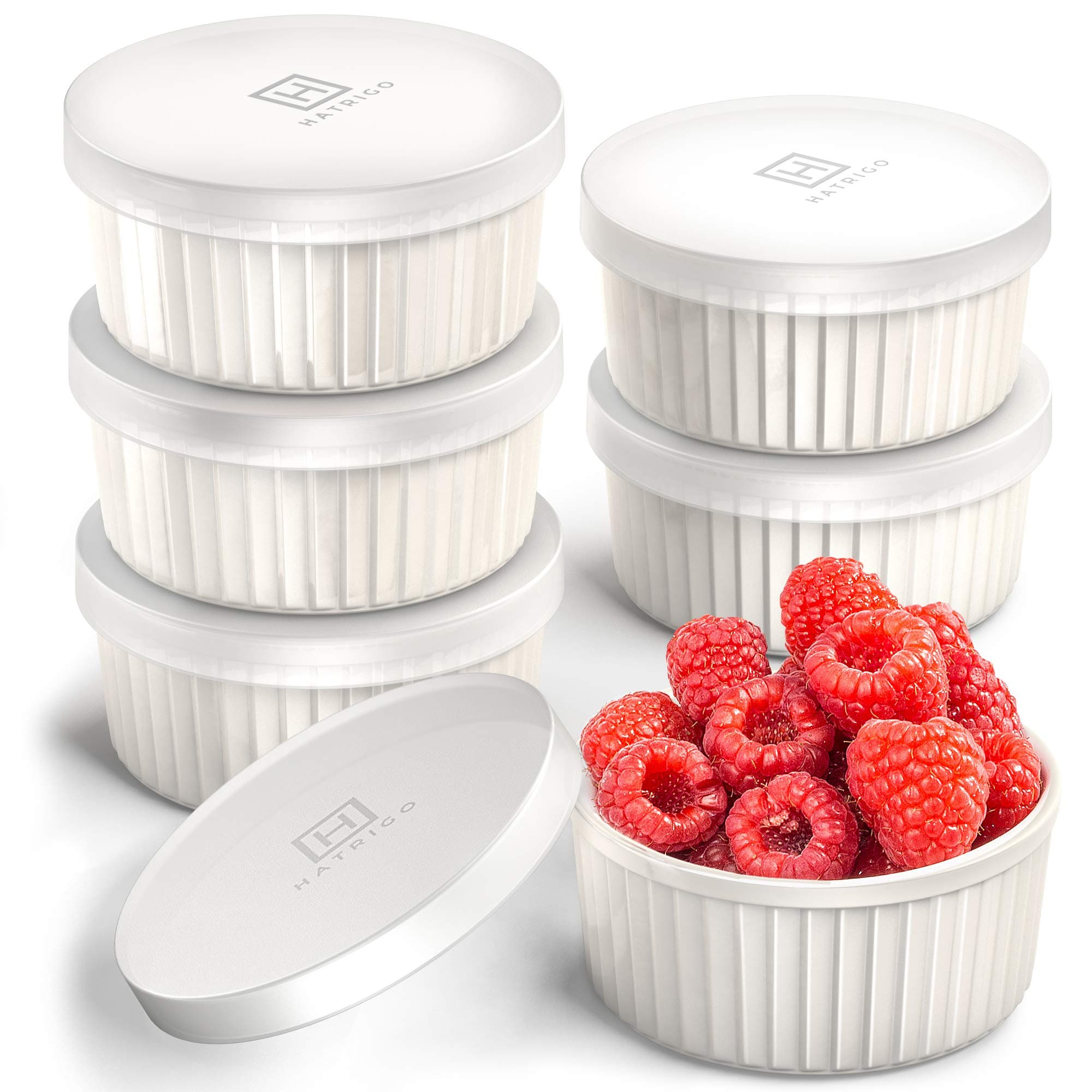 Hatrigo Porcelain Ramekins with Silicone Storage Lids, Set of 6 White Ramekins, 4 oz Oven Safe, 450F, Dishwasher Safe