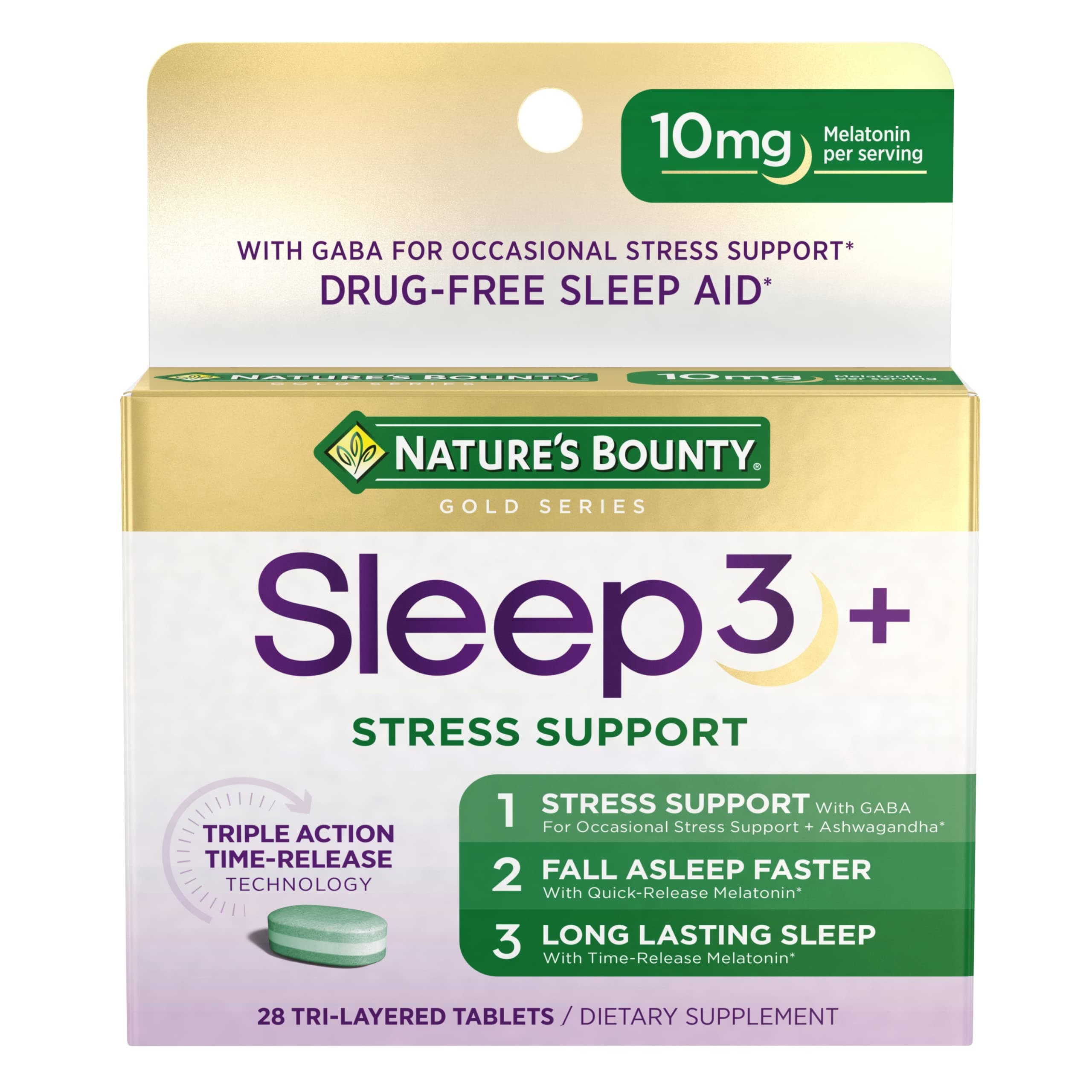 Nature's Bounty Sleep + Stress Support, Sleep3 Maximum Strength 100% Drug Free Sleep Aid, Dietary Supplement with Ashwagandha, Time Release Technology, 10mg, 28 Tri-Layered Tablets