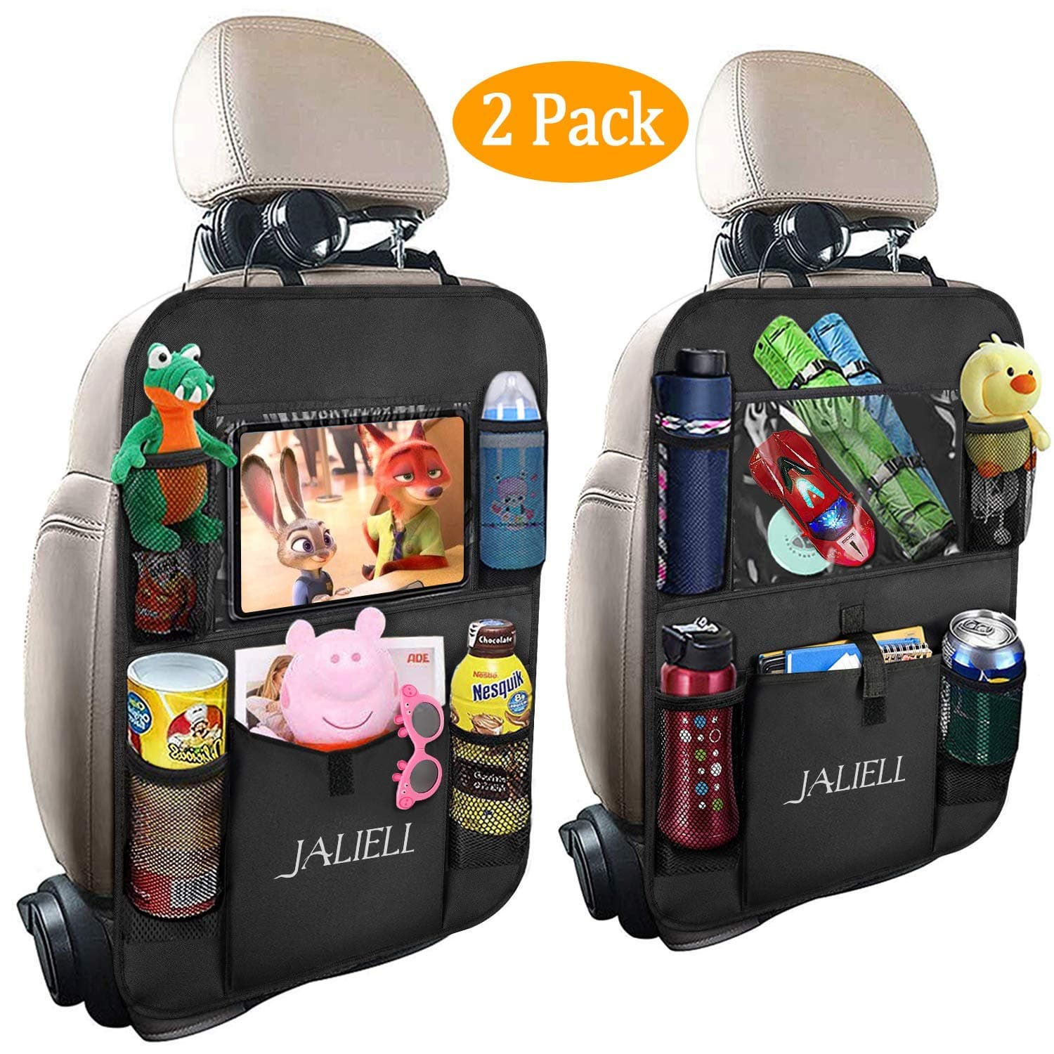 Car Organizer Back Seat - 2019 Newest Car Seat Organizer with Clear 10" Tablet Holder + 5 Storage Pockets + USB/Headphone Slits for Kids And Travel (2 Pack)