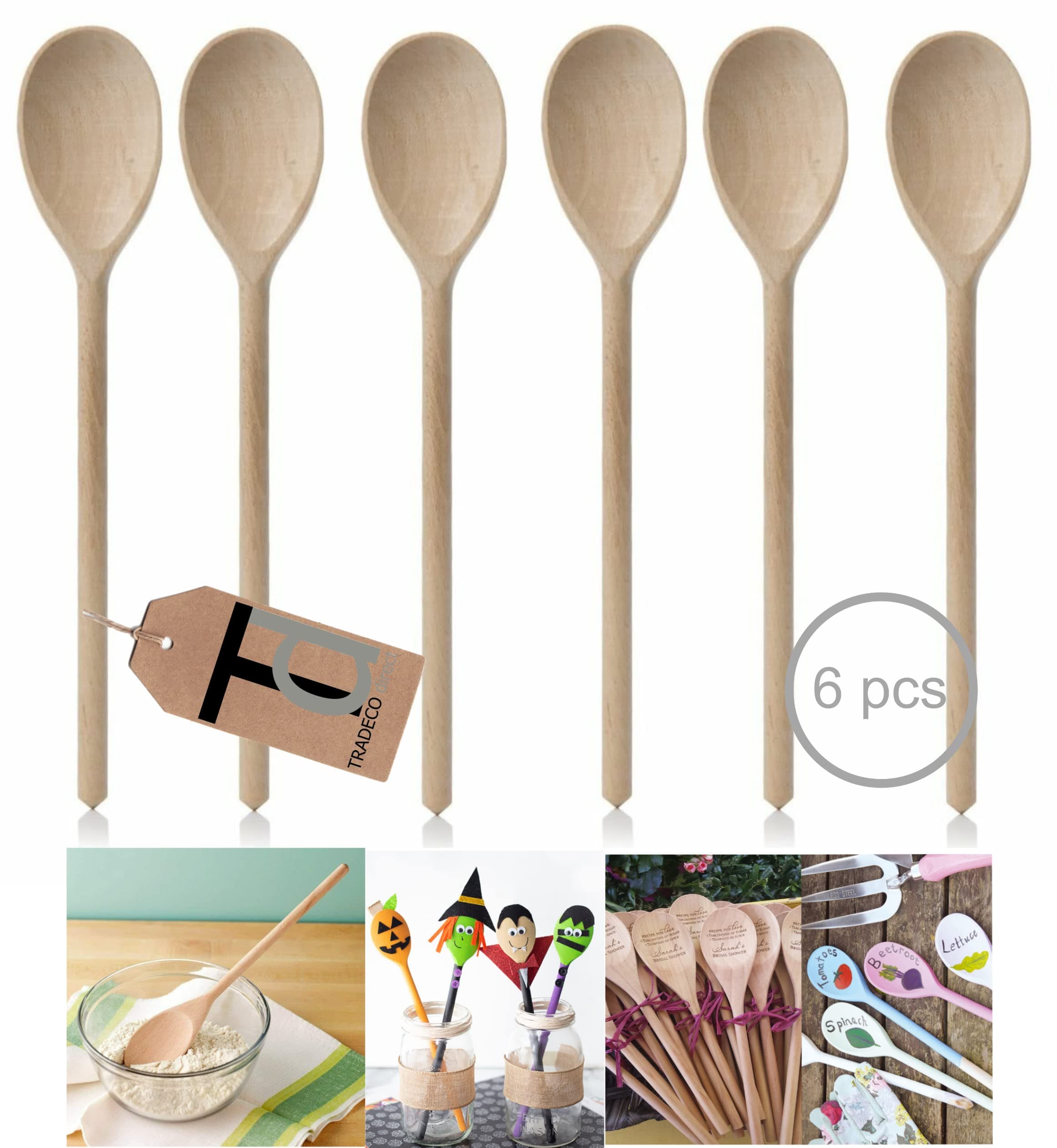 Set of 6 x 12" (300mm) Beechwood Wooden Spoon, Ideal for Baking, Decorating, Engraving Made in The EU. Tradeco direct®