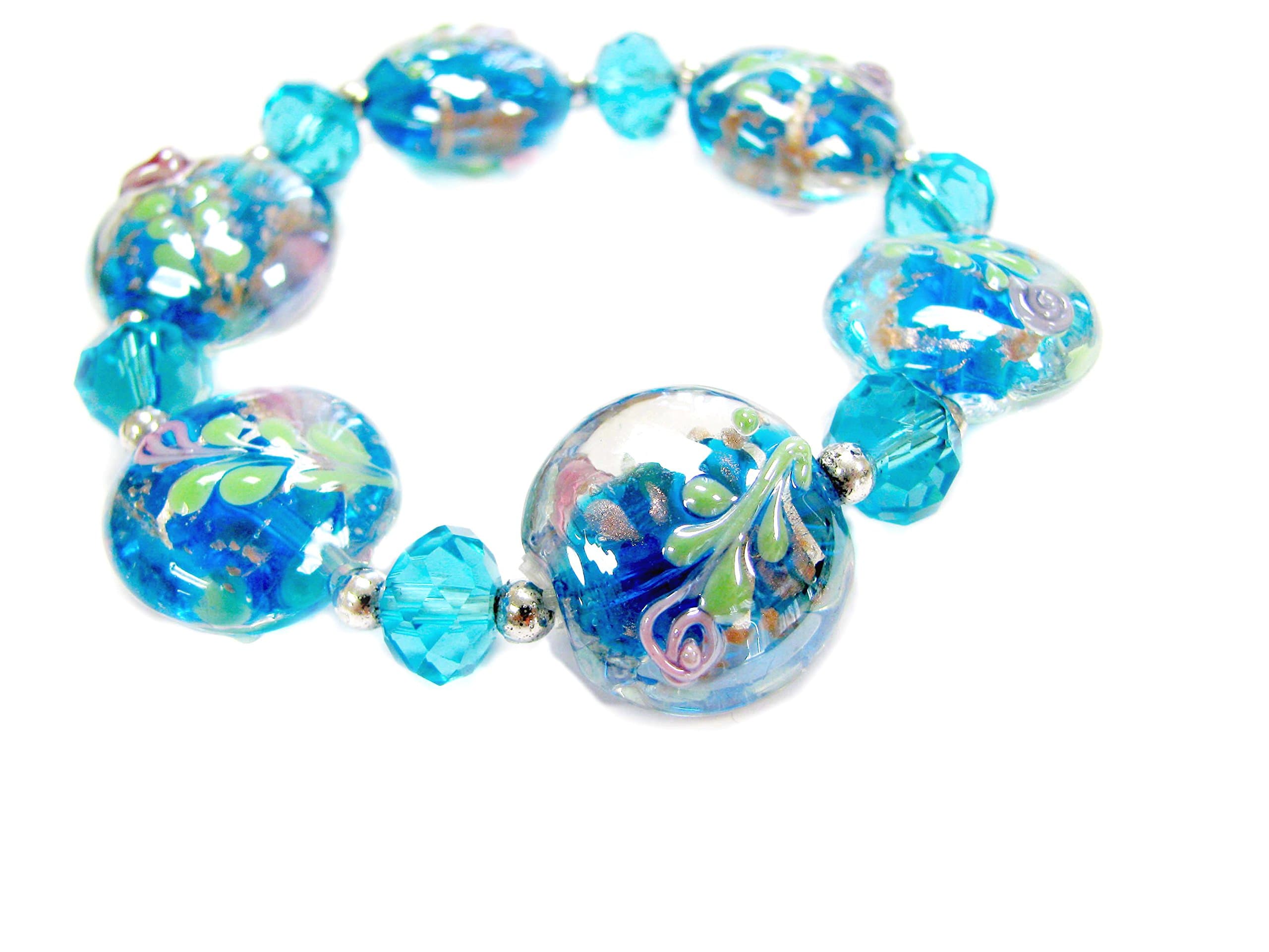 Linpeng BR-1538 Flower Lampwork Glass Crystal Beads Stretch Bracelet in Gift Bag, Turquoise