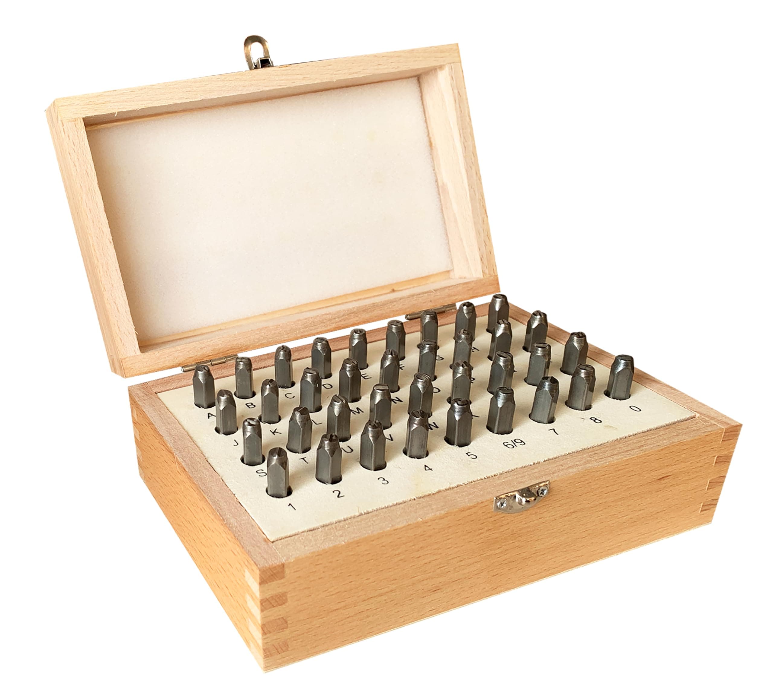 HimaPro Letter and Number Stamp Set 36pcs 40Cr Alloy Steel Metal Stamp Number & Letter Punch Set in a Wooden case (4mm 5/32 Inch)