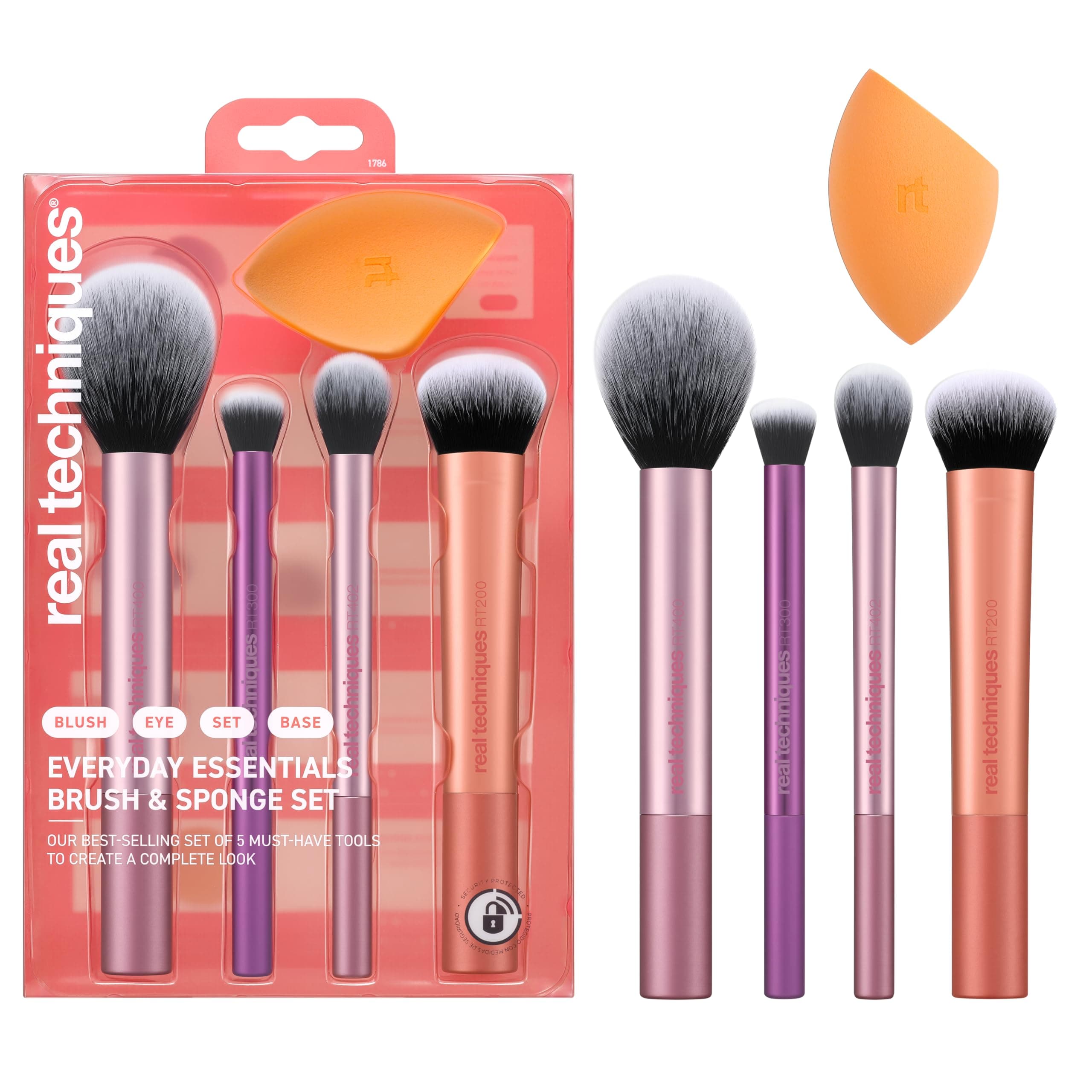 Real Techniques Everyday Essentials + Makeup Sponge Kit for foundation, blush, bronzer, eyeshadow, powder, synthetic, cruelty-free tools and blender for flawless looks, 5 Piece Set