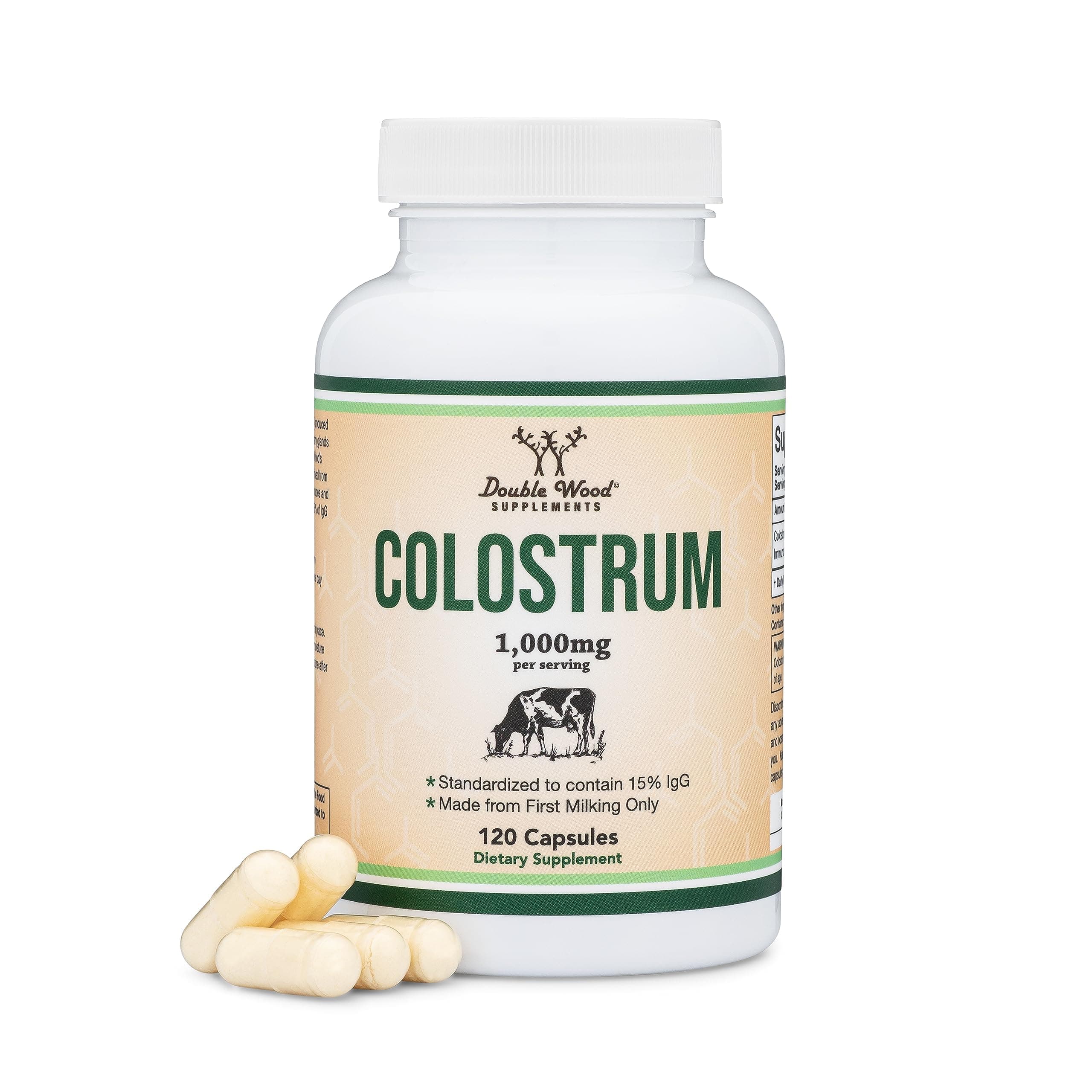 Double Wood Supplements Colostrum 120 Capsules, 1,000mg per Serving (Bovine Colostrum Powder from First Milking Only, Std. to Contain 15% IgG Immunoglobulins) No Fillers, Third Party Tested by