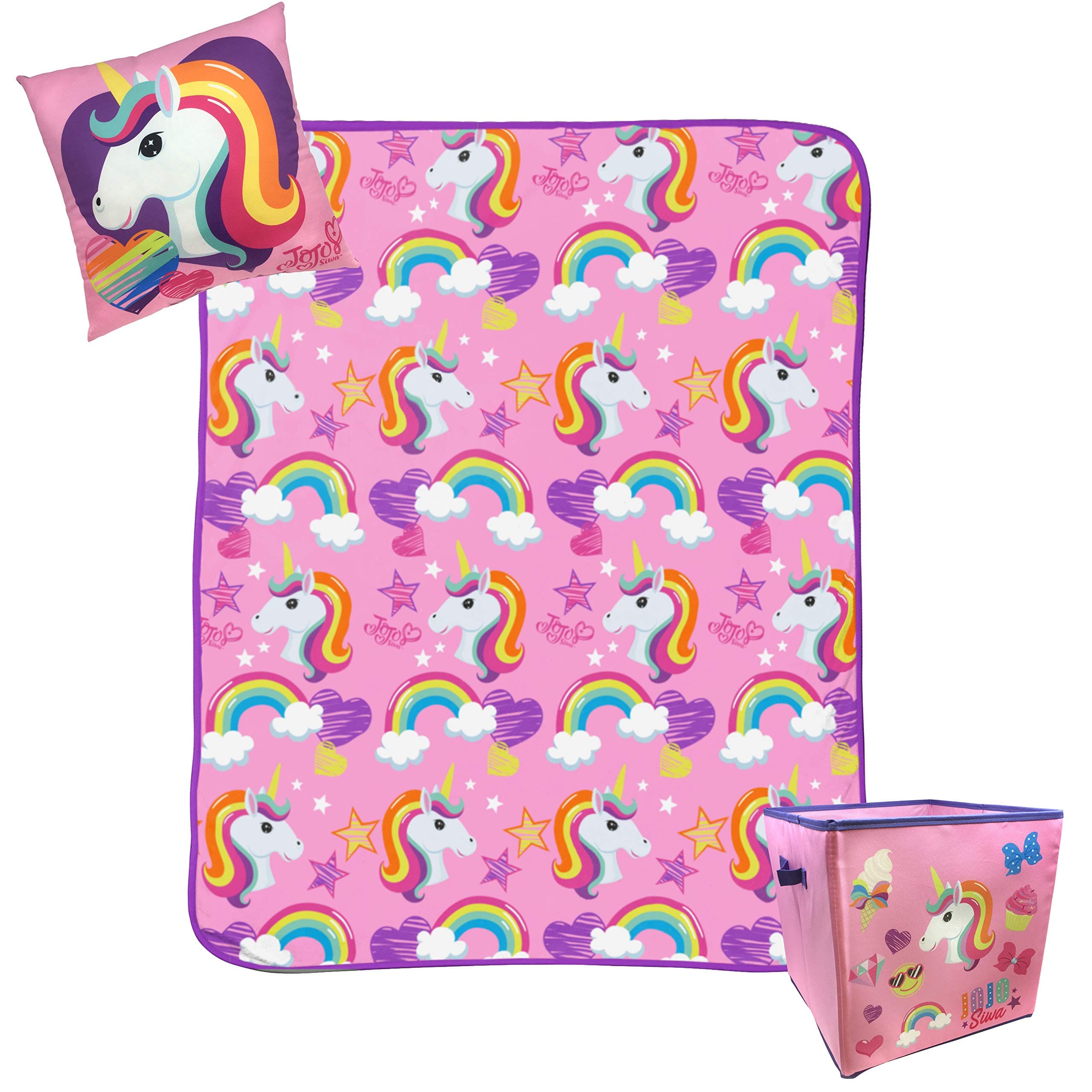 Jay Franco Nickelodeon JoJo Siwa 3 Piece Storage Set Includes Plush Throw Blanket, Pillow, & Collapsible Storage Bin (Official Nickelodeon Product)