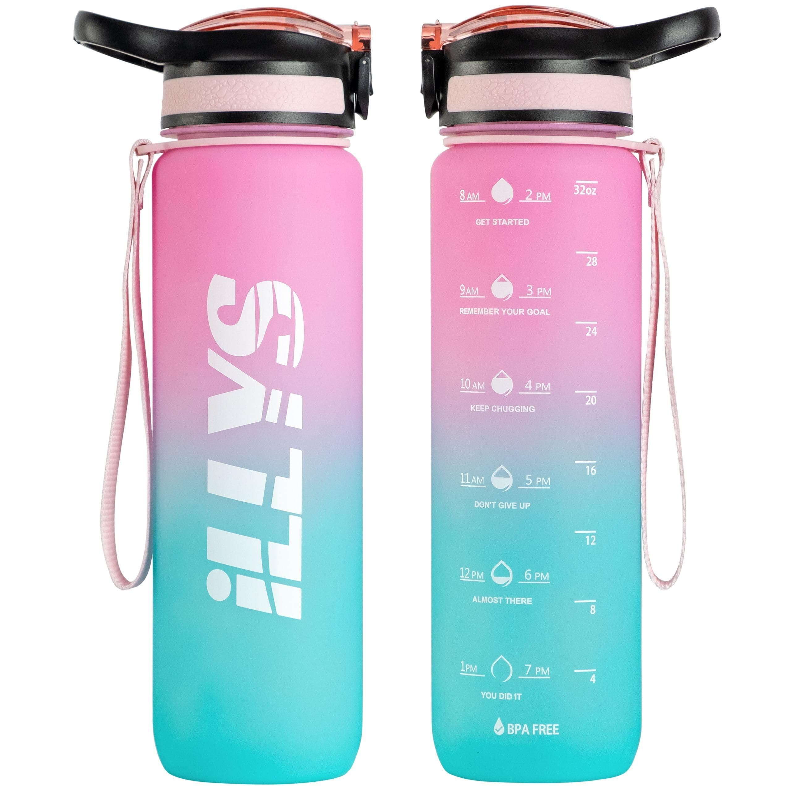Water Bottle 1L / 32oz with Motivational Time Marker Straw Strainer SK Tritan Plastic BPA Free Sport Water Bottles for kids Fitness Gym Office Outdoor Sports and Exercise | Leak Proof (Pink & Blue)