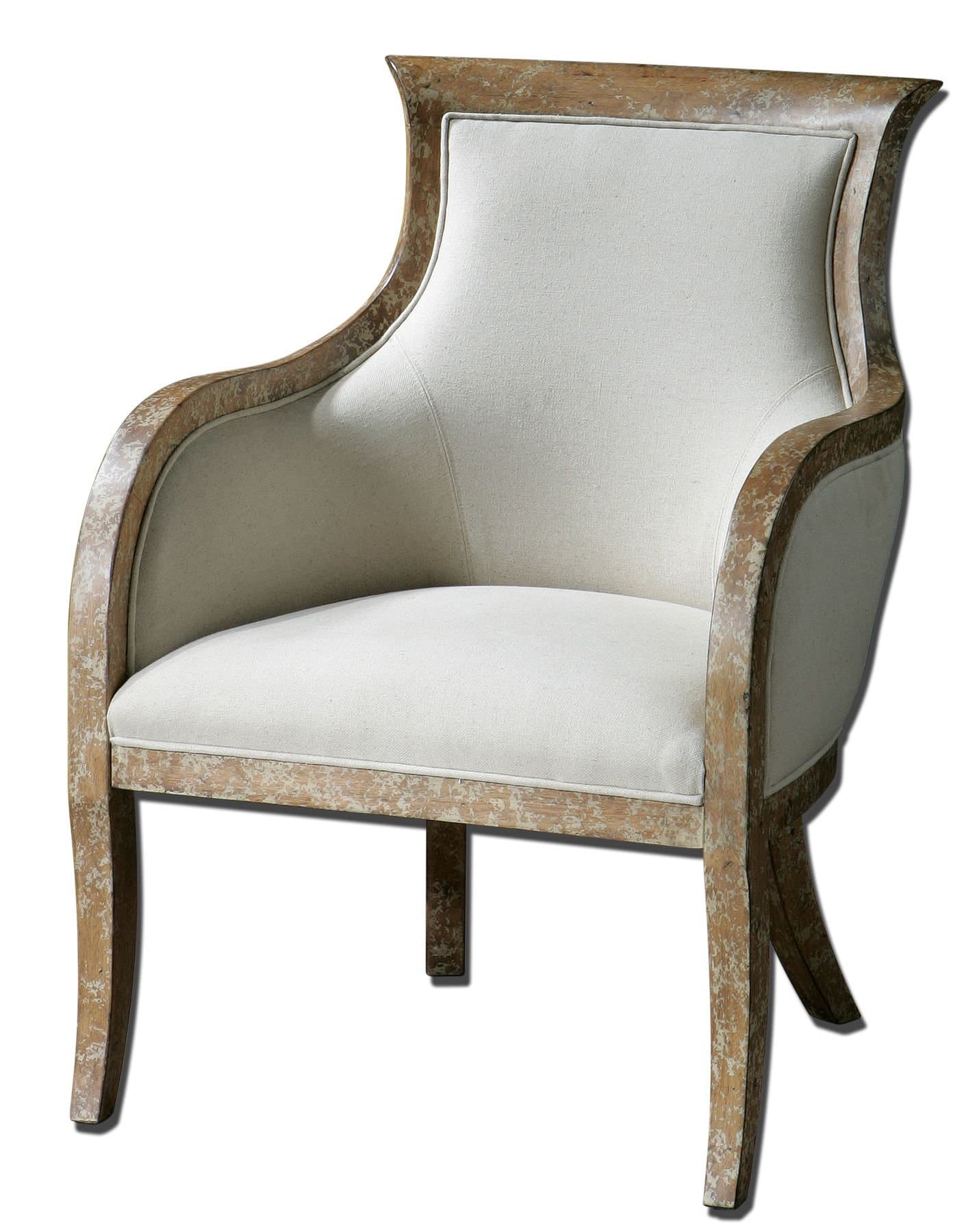 Uttermost Quintus Linen Armchair with Almond Stained, Distressed Solid White Mahogany