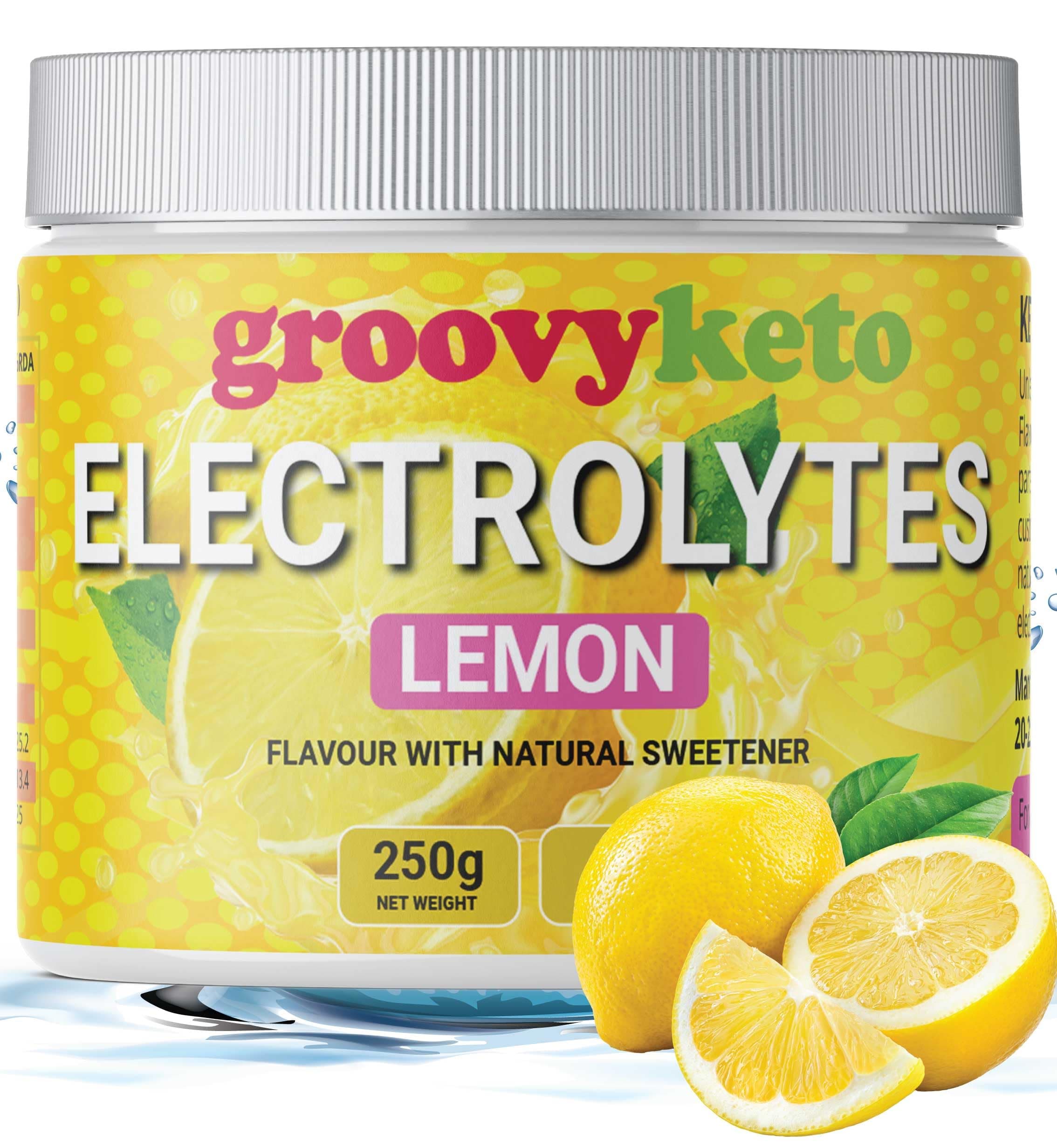 Groovy Keto Electrolytes Powder - Lemon Flavour, 250g tub, 50 Servings, Sugar Free, Gluten Free, Zero Calories, Fasting, Hydration for Keto