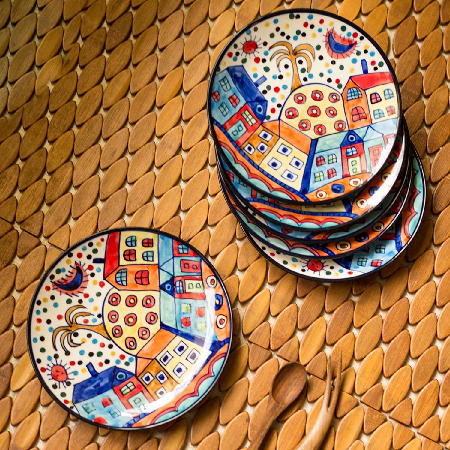 ExclusiveLane 'The Hut Family' Ceramic Quarter Plates Set of 6 Ceramic (7.1 Inch, Multicolor, Dishwasher & Microwave Safe, Handpainted) | Serving Quarter Plates for Snacks Plate Side Plates