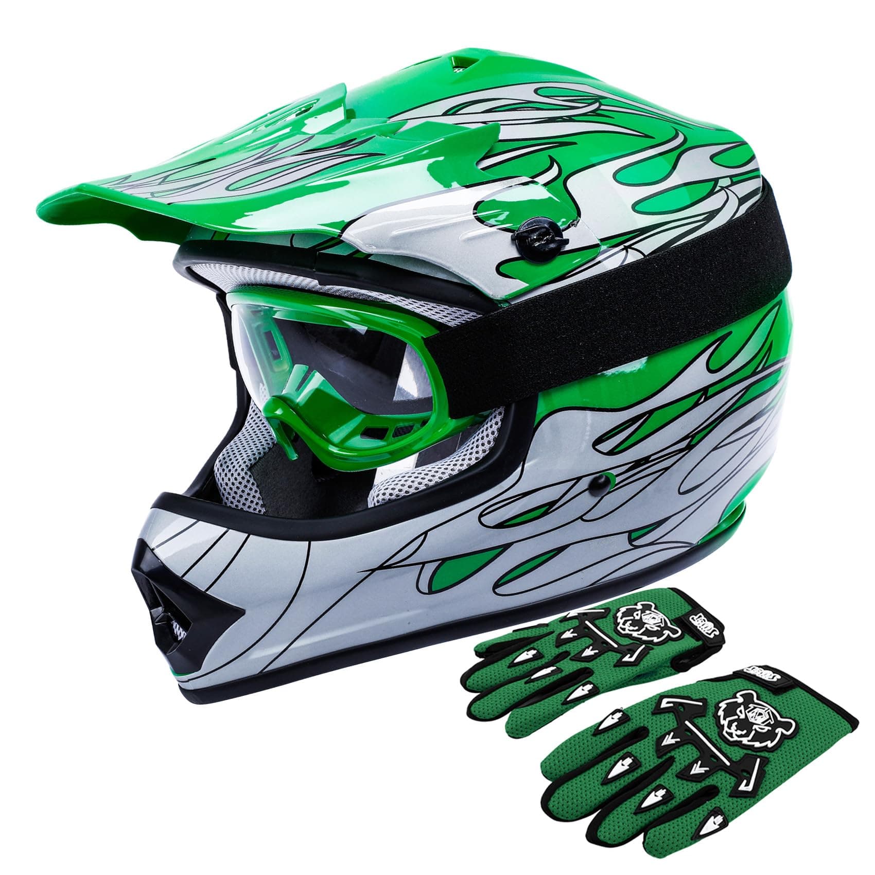 TCT-MOTORPARTS Green Flame DOT Kids Youth Motocross Helmets ATV Off-Road Dirt Bike Motorcycle Full Face Helmet+Gloves+Goggles X-Large