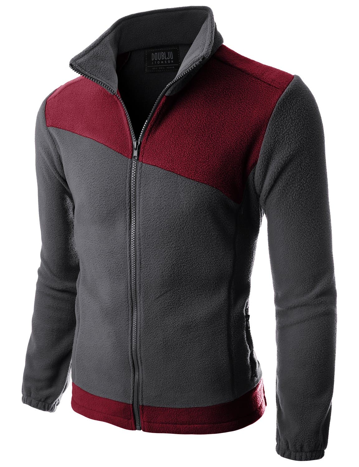 Doublju Mens Long Sleeve Colorblocked Fleece Zip-Up Jacket CHARCOALWINE X-Large