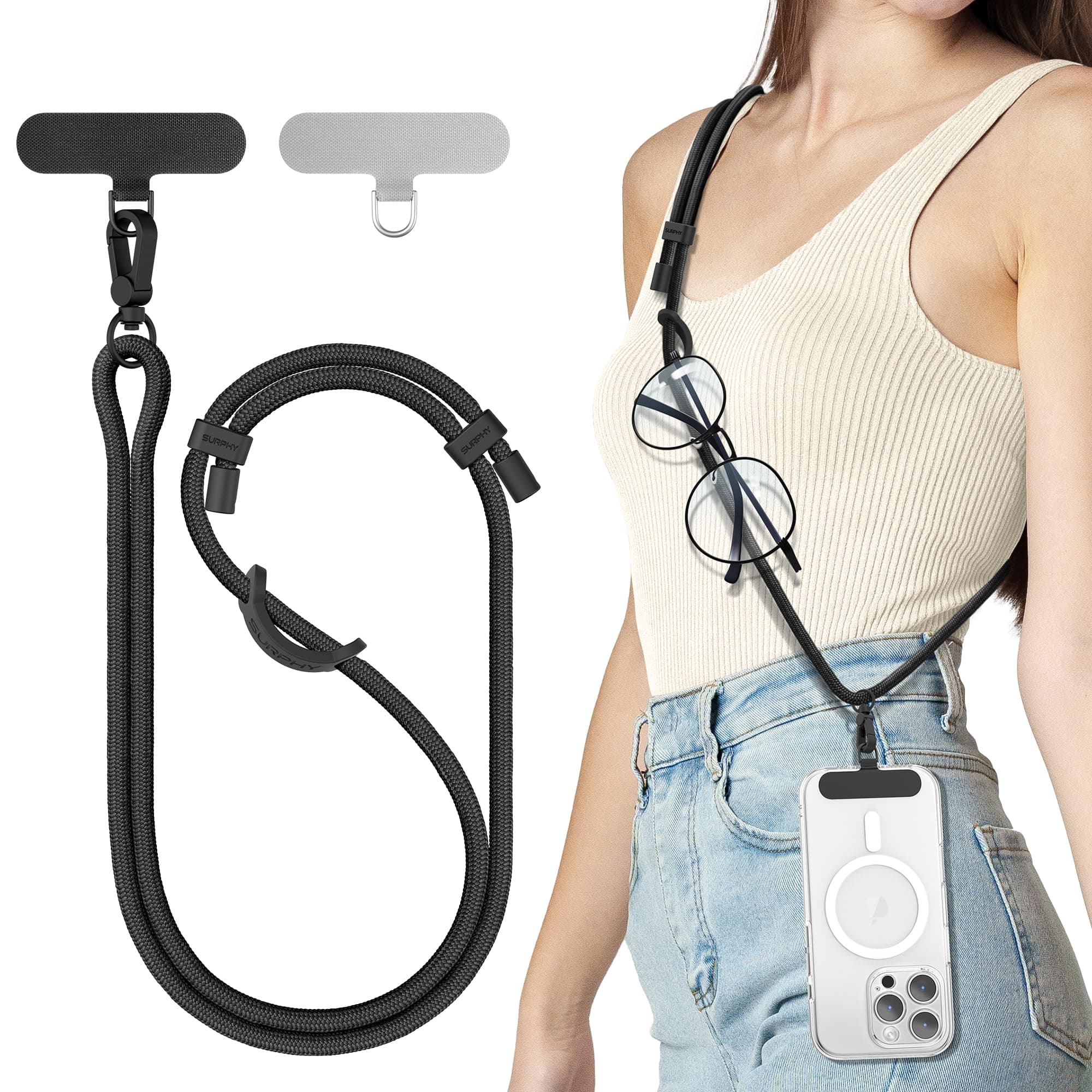 SURPHY Phone Lanyard Crossbody, Adjustable Cell Phone Lanyard with 2 Pack Phone Tether Tab, Two-Color Braided Phone Strap with Carabiner