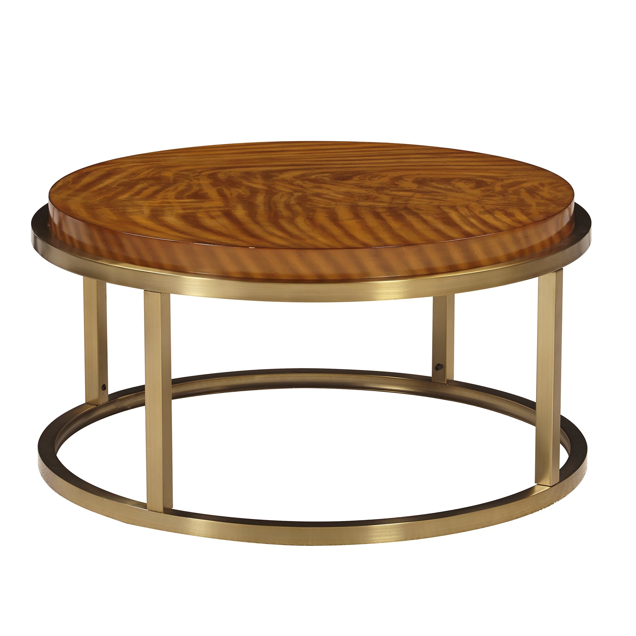 The Amazing Home Sausalito Round Coffee Cocktail Table, Brass and Exotic Veneer