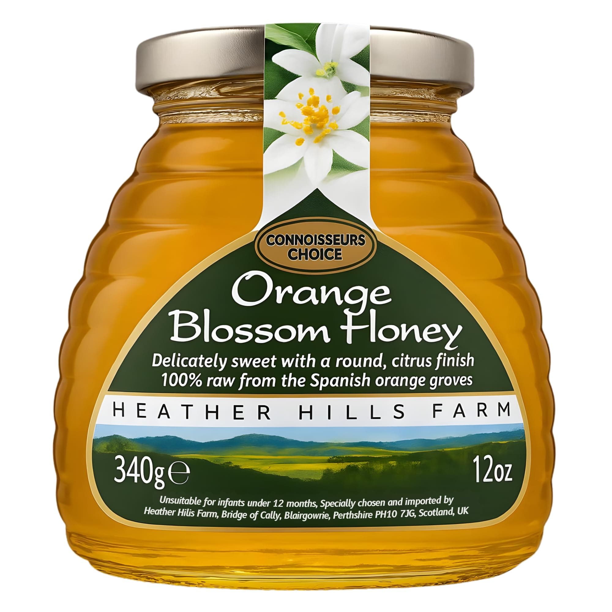 Heather Hills Farm Raw Spanish Orange Blossom Honey 340g (12oz) | Pure, Natural, Artisan Monofloral Honey from Spain in Glass Jar | Unfiltered & Unpasteurized, Delicately Sweet Citrus Finish