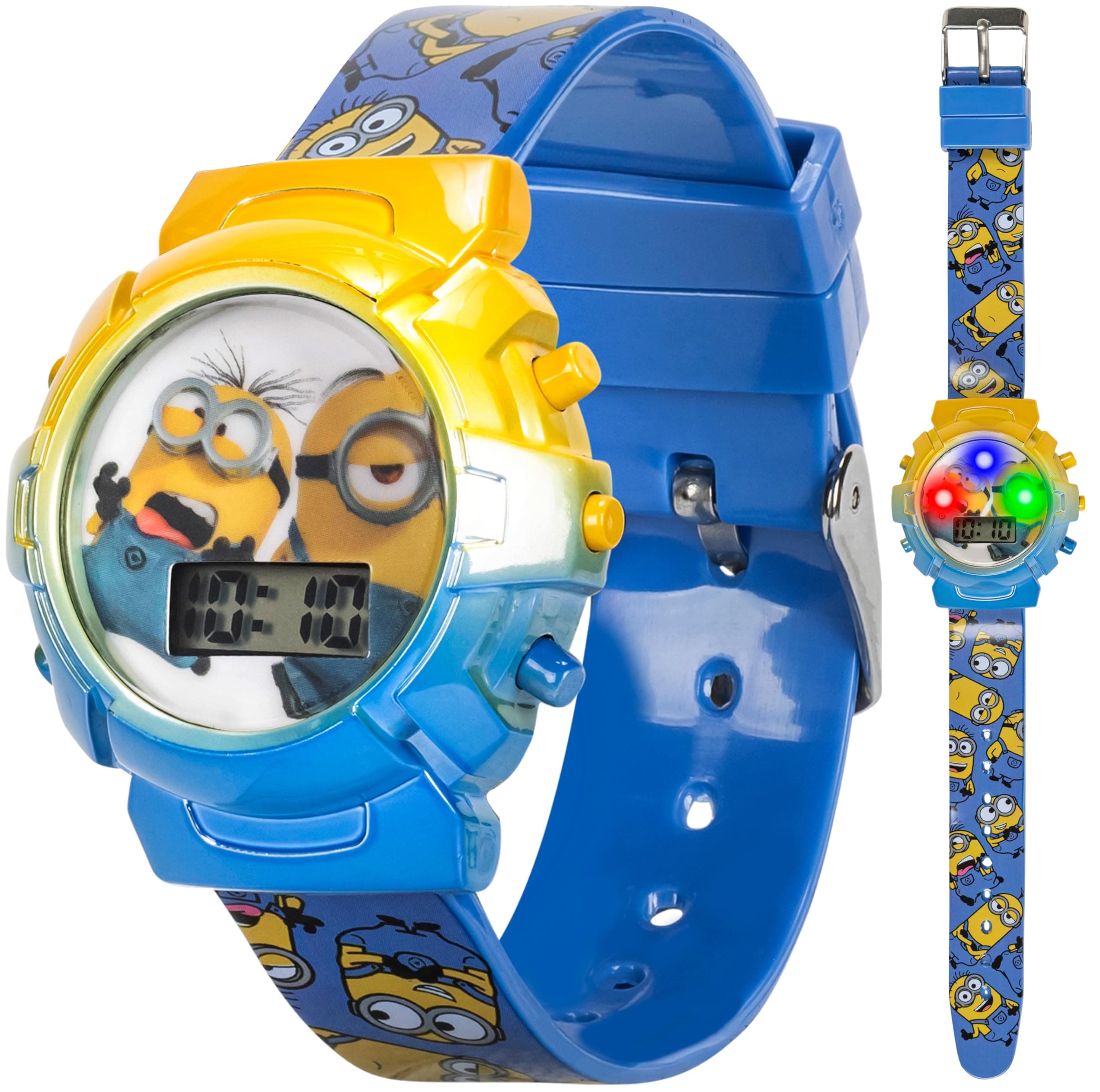 ACCUTIME Minions Kids Watch ā Flashing Dial Lights, LCD Display, Adjustable Comfortable Strap, Collectible Tin ā Perfect for Boys and Girls