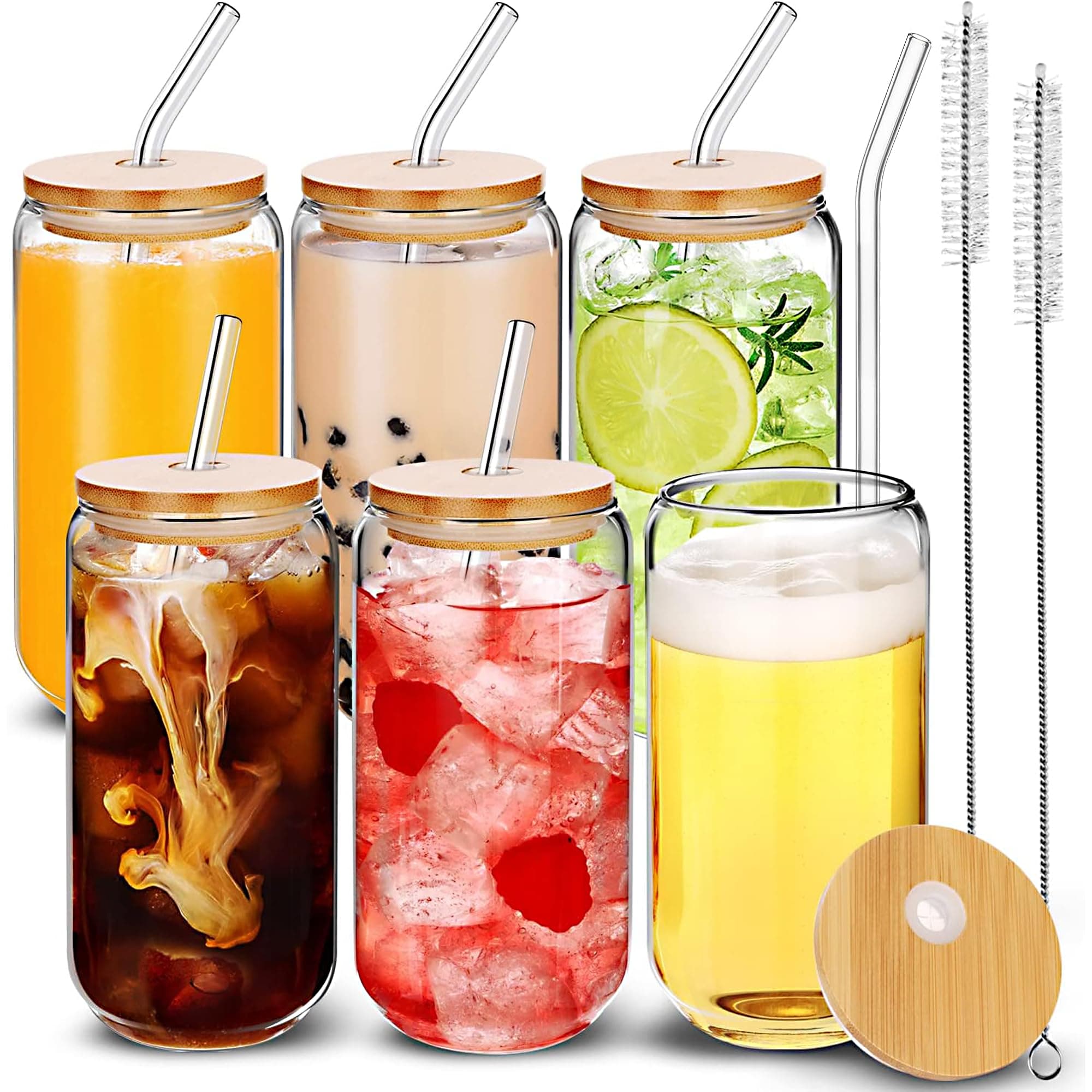 6 Drinking Glasses with Bamboo Lids and Glass Straws, 16oz Can Shaped Glass Cups, Glass Tumbler for Iced Coffee, Soda, Smoothies, and More…