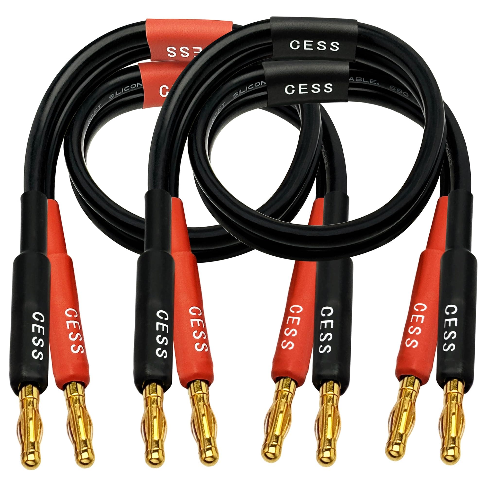 CNCESS CESS-037-1f Banana Plug Male to Male Speaker Cable 12 Gauge 680 Strand Count Silicone Soft Wire, 2 Cables (1 Foot)