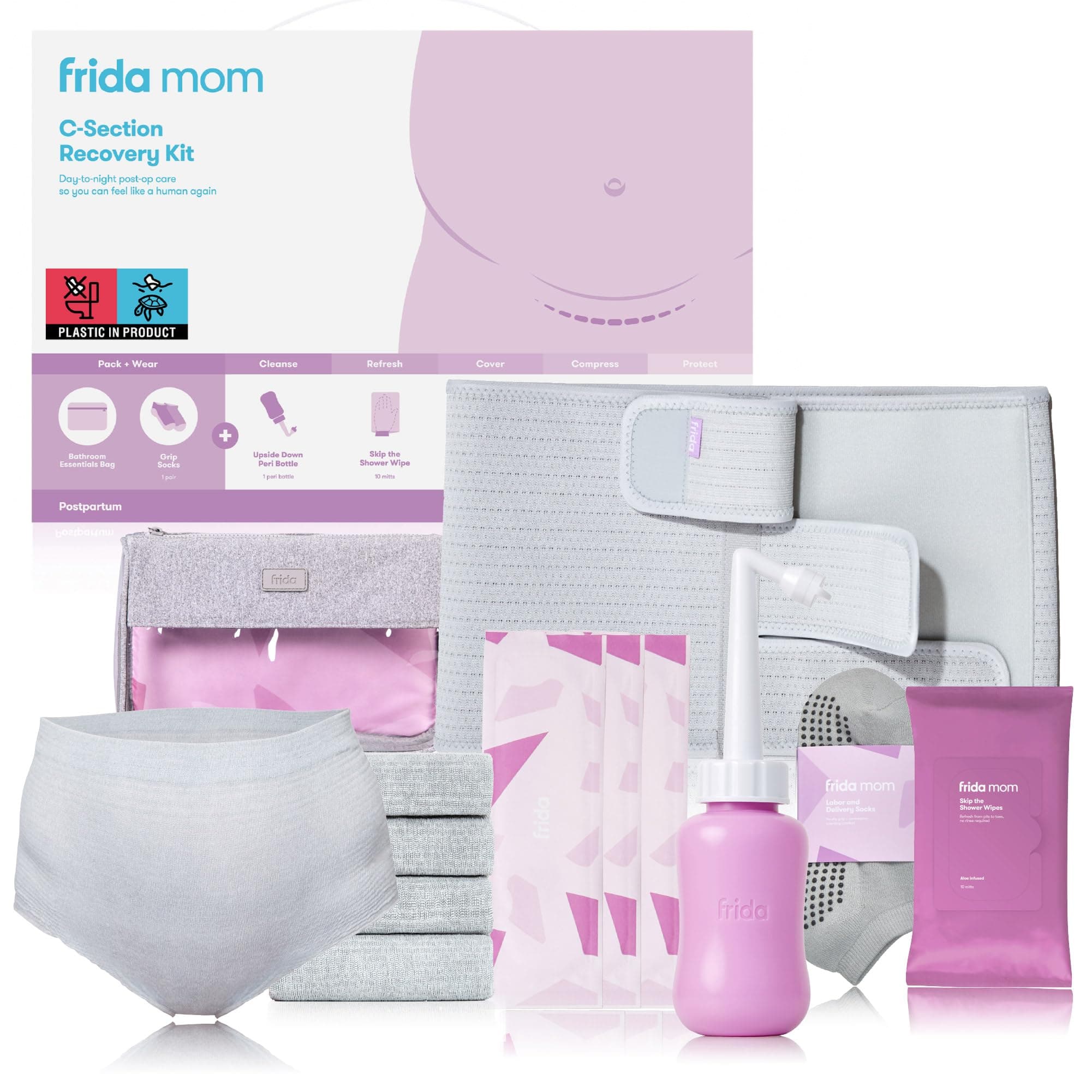 C-Section Recovery Must Have Kit for Labour, Delivery & Postpartum: Socks, Peri Bottle, Disposable Knickers, Abdominal Support Binder, Shower Wipes, Silicone Scar Patches, & Toiletry Bag