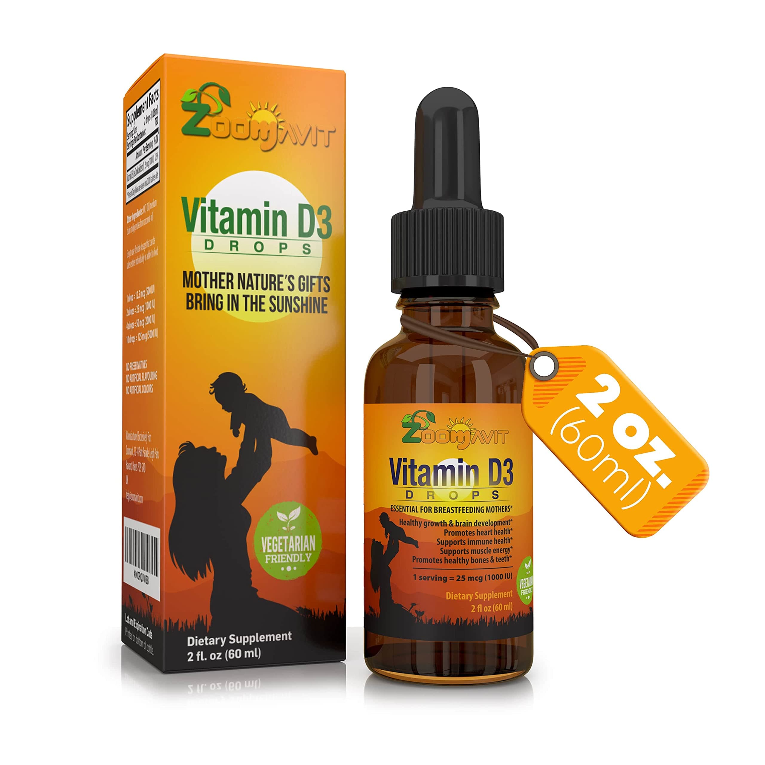 Vitamin D Drops for Infants - Baby Vitamin D Drops 1000 IU 2Fl Oz - Liquid Vitamin D3 Organic with Max Absorption Formula for Newborn, Toddlers, Kids and Adults