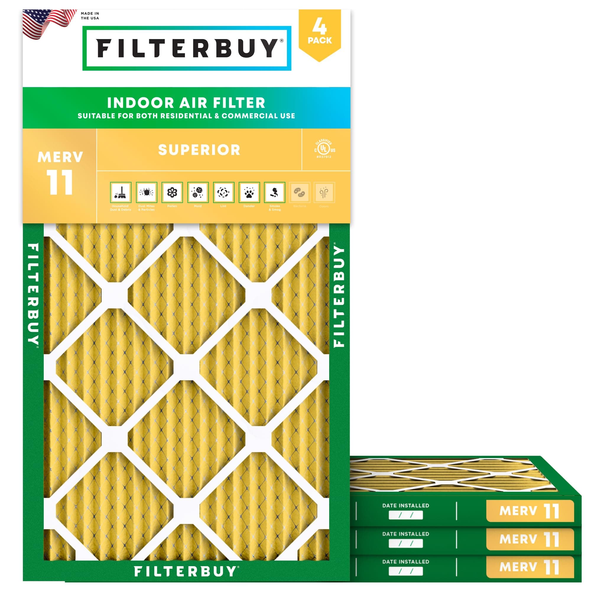 Filterbuy 12x36x1 Air Filter MERV 11 Superior Pet & Allergy Defense (4-Pack), Electrostatic Pleated HVAC AC Furnace Filters Replacement, Made in USA (Actual Size: 11.88 x 35.88 x 0.75)