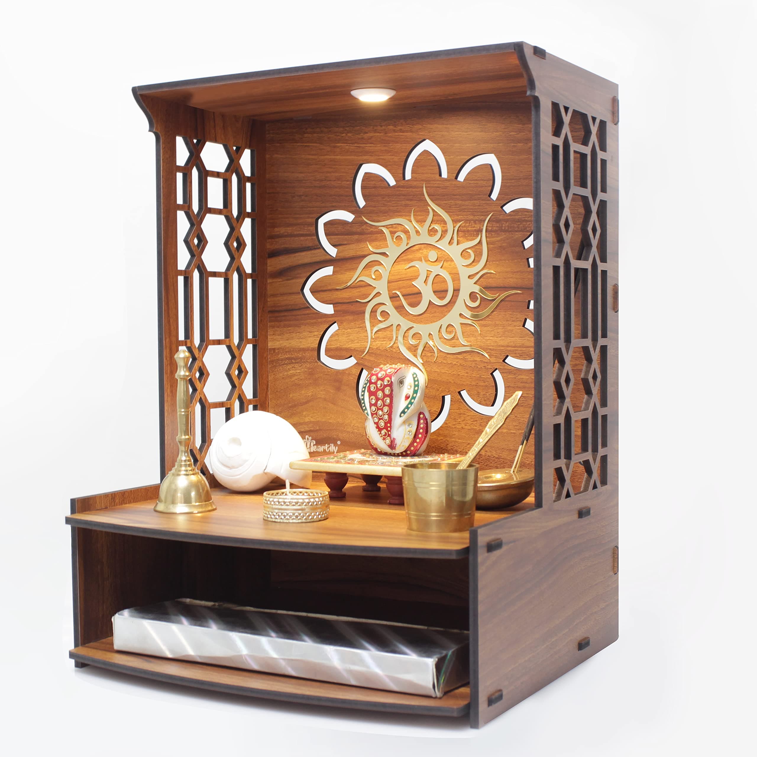 Heartily® Mangal Beautiful Wooden Pooja Stand for Home/Mandir for Home/Temple for Home and Office/Puja Mandir for Home and Office Wall with LED Spot Light/Product (H- 15.5, L- 11.5, W-11 Inch)