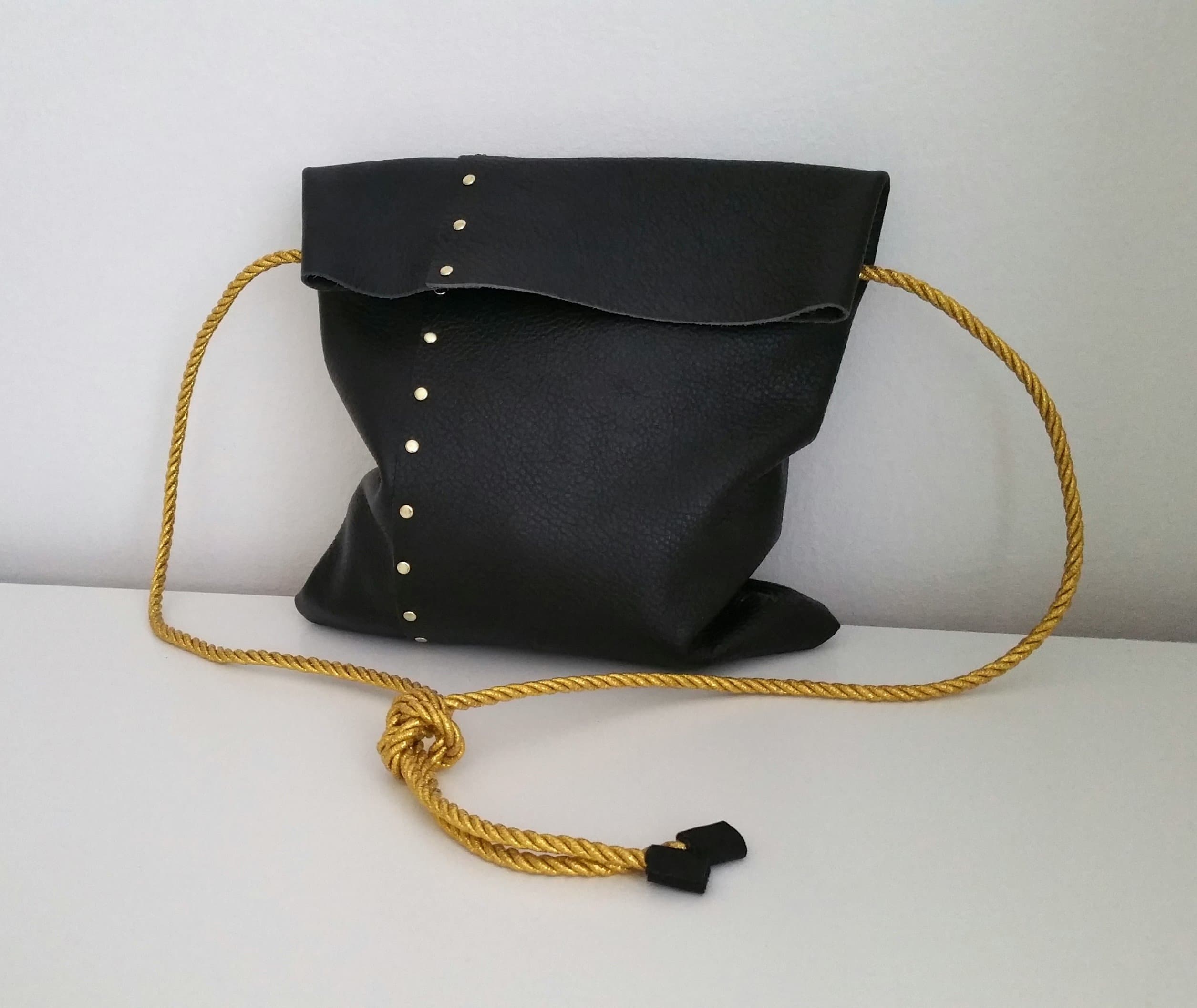 Leather "GOTO" Purse with convertible straps in Black and Gold