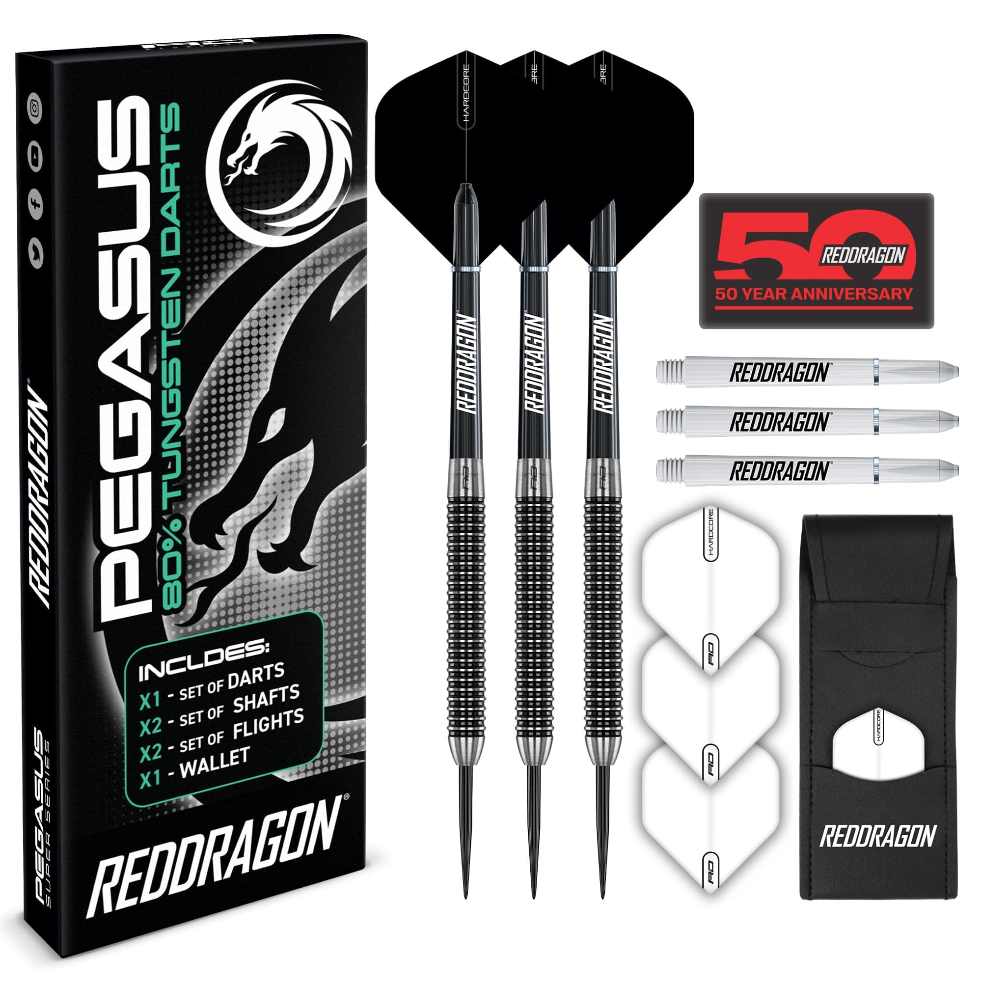 PEGASUS TUNGSTEN STEEL DARTS SET - 24 Gram - Black Red Dragon Shafts, Black Extra Thick Flights, Case & Red Dragon Checkout Card
