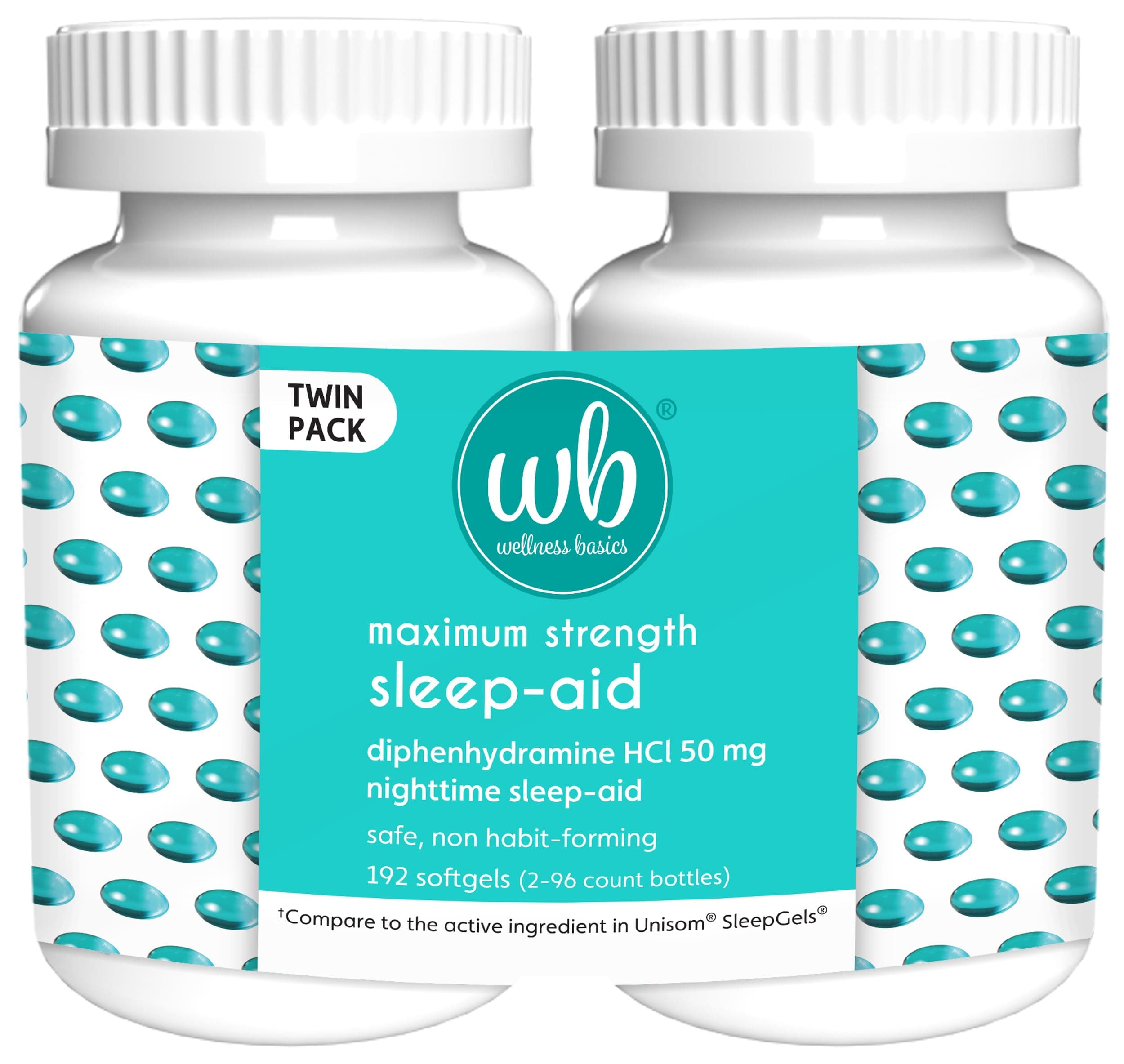 Wellness Basics Sleep Aid | Maximum Strength Diphenhydramine HCl 50 mg | Non-Habit Forming | Twin Pack -192 Total Softgels for Restful Sleep