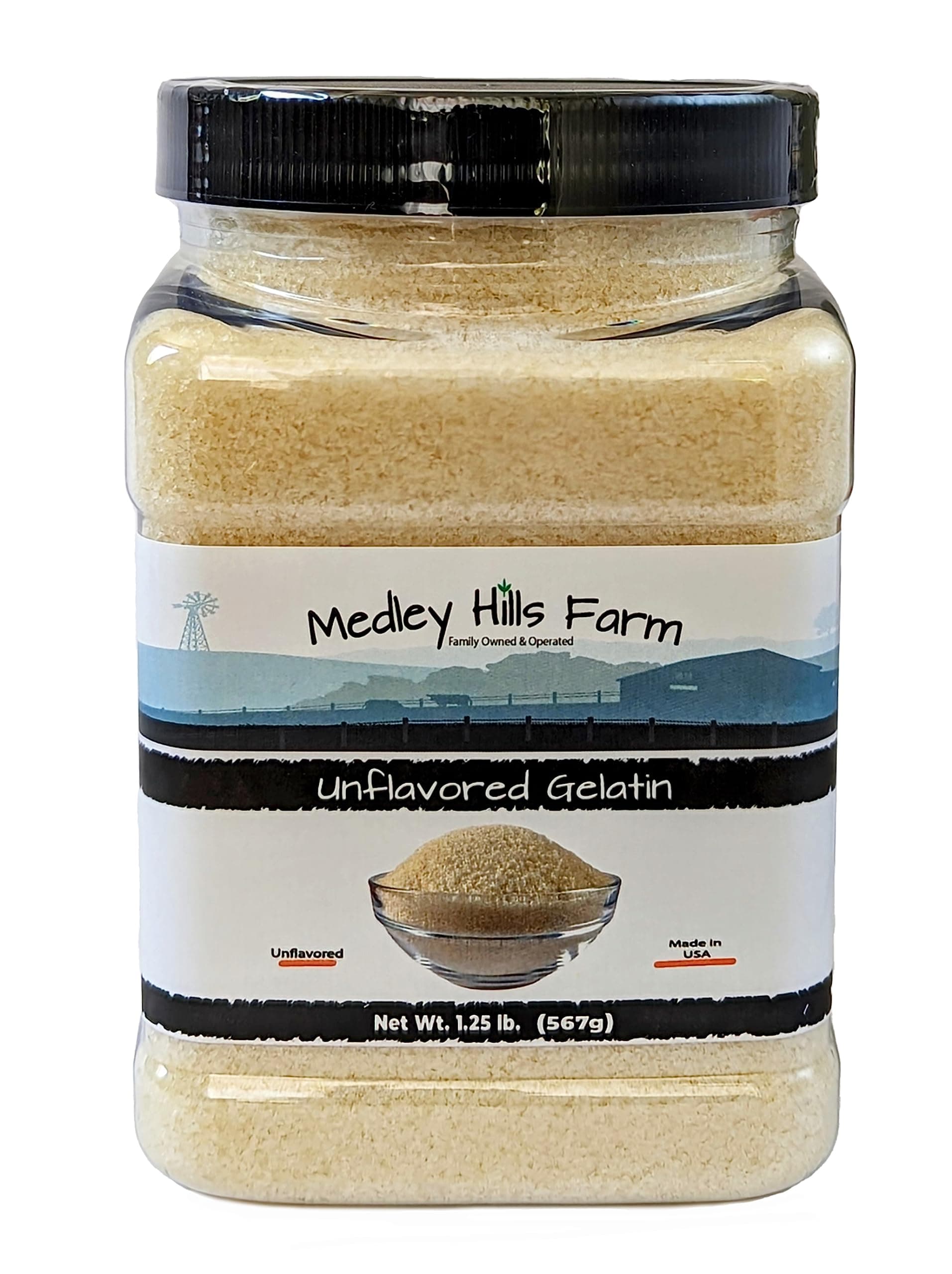 Medley Hills Farm Unflavored Gelatin 1.25 lbs. in Reusable Container - Gelatin powder unflavored thickening agent. Made in USA.