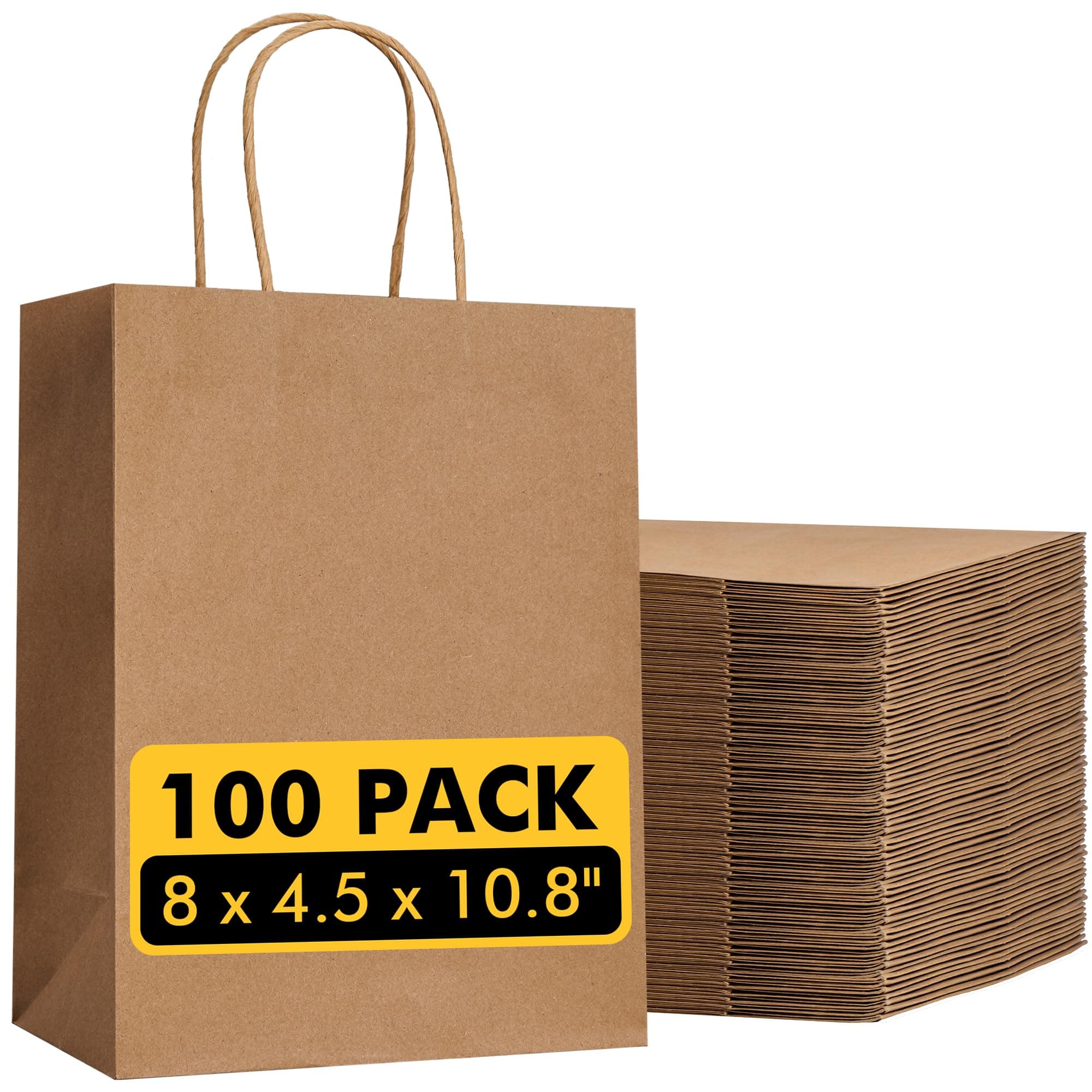 - RACETOP Brown Paper Bags with Handles Bulk 100Pcs 8x4.5x10.8 Inch Gift Bags Bulk, Brown Kraft Paper Bags for Retail, Party, Shopping, Favor