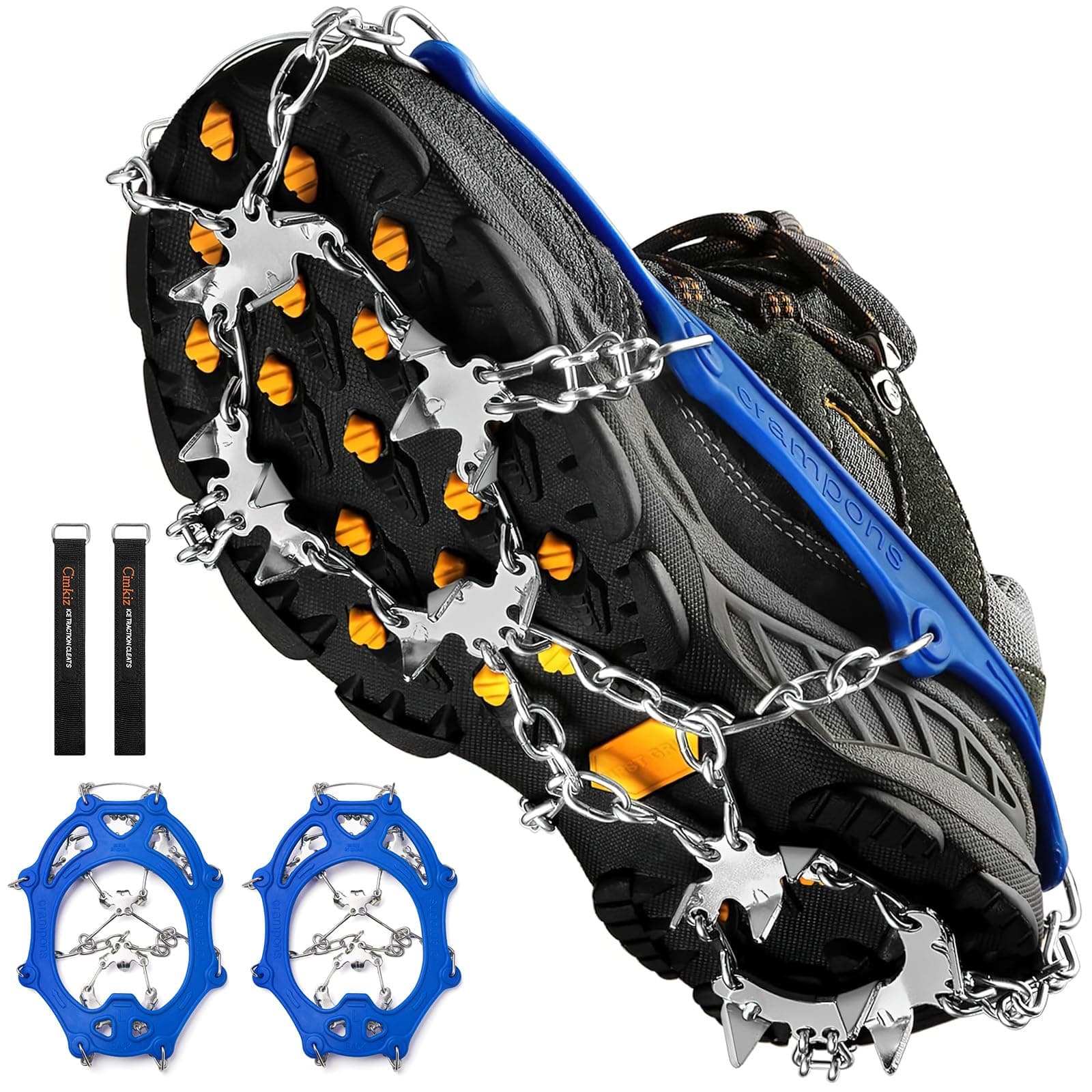 Crampons Ice Cleats Traction Snow Grips for Boots Shoes Women Men Kids Anti Slip 19 Stainless Steel Spikes Safe Protect for Hiking Fishing Walking Climbing Mountaineering