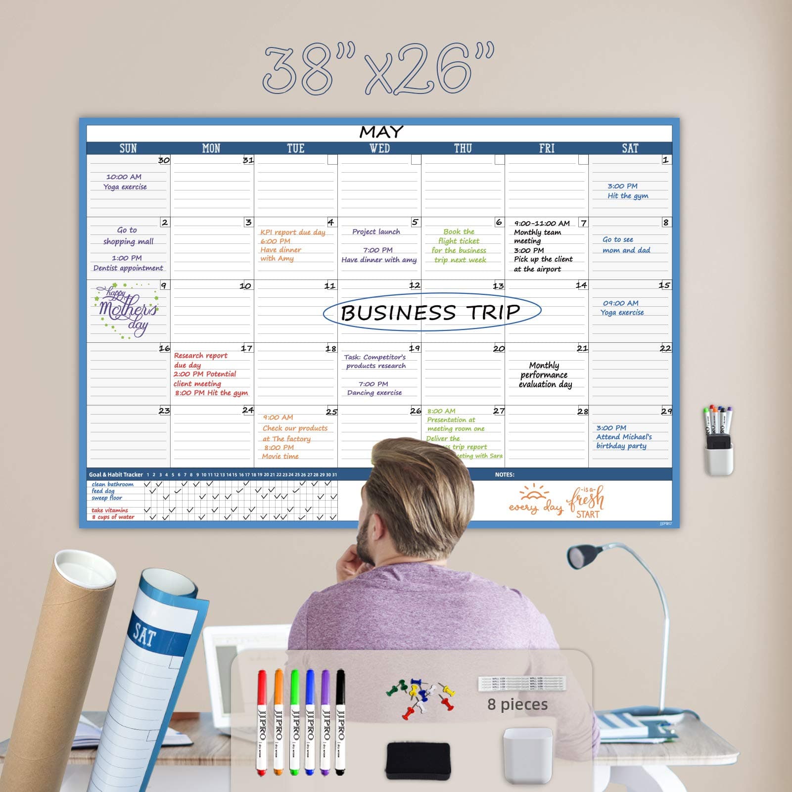 JJPRO Large Dry Erase Wall Calendar- 38"x26" Undated Monthly Calendar - Premium Laminated Resusable Whiteboard Planner For Home, Office, Classroom
