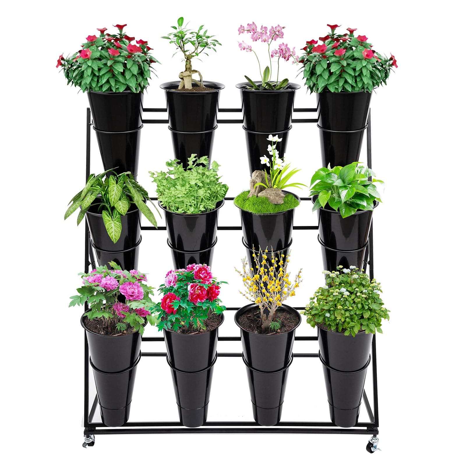 YIYIBYUS Flower Display Stand with 12PCS Buckets, 3 Layers Metal Plant Cart with Wheels, Heavy Duty Moving Fresh Flower Rack for Indoor, Outdoor Patio Garden, Living Room, Florist (Black)