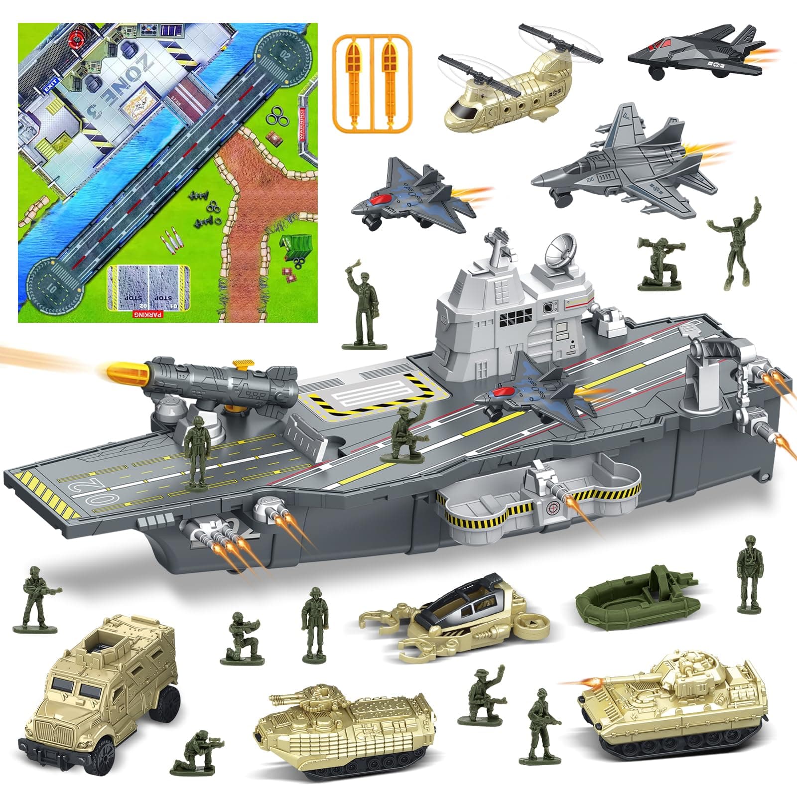 deAO Aircraft Carrier Battle Ship Army Toys - Military Vehicles, Warplanes, Warships, Helicopter, Trucks, Tanks - Army Men Toys for Kids Boys Girls