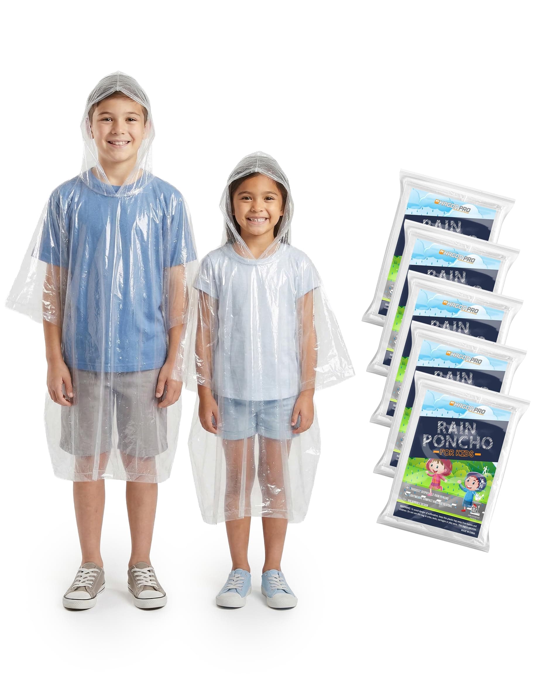 Disposable Rain Poncho for Kids with Hood (5 Pack) – Lightweight Waterproof Toddler Rain Coat & Emergency Ponchos for Travel & Theme Parks