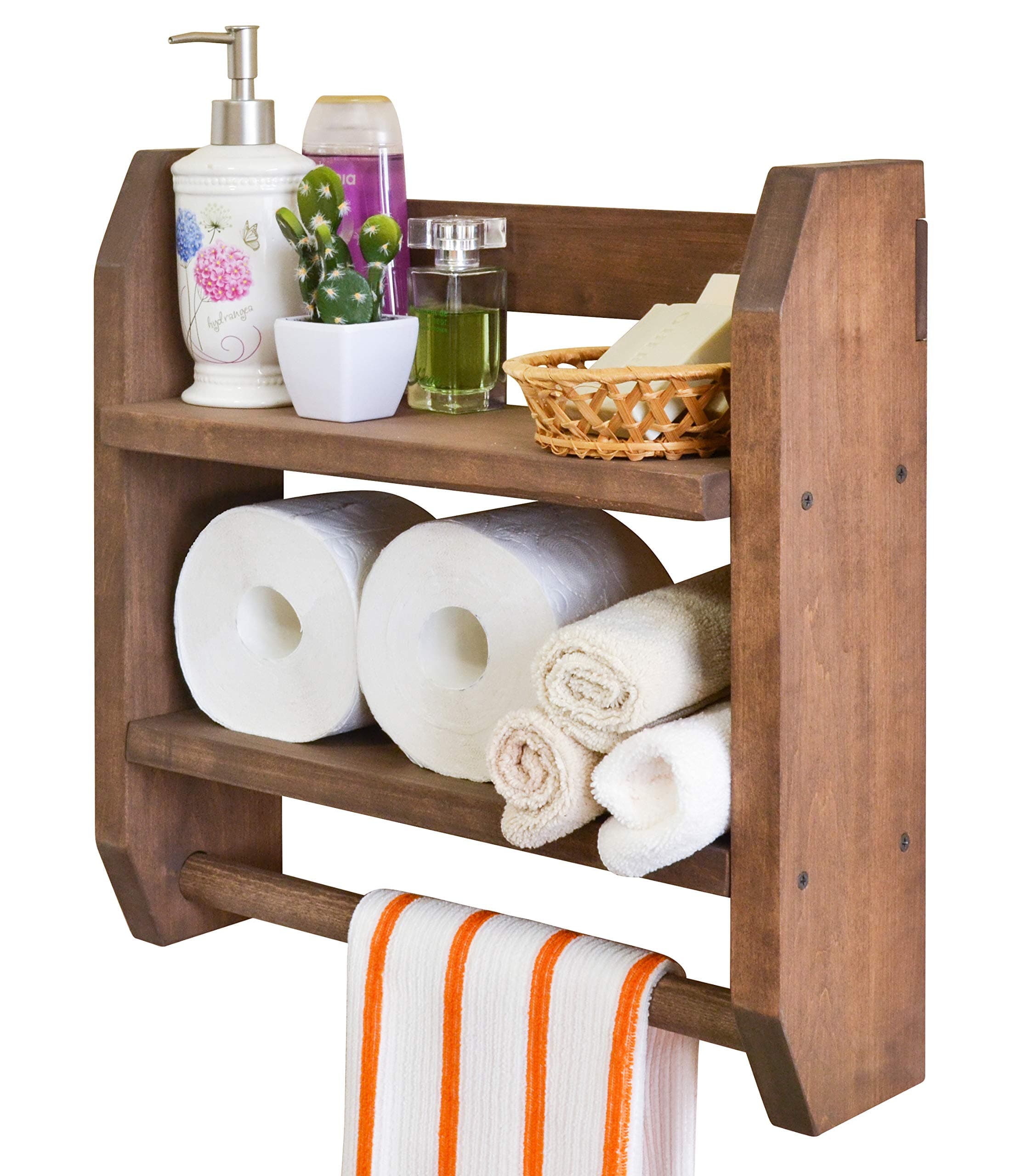 TESLYAR Wood Bathroom Shelf with Towel Bar Rack Wall Mounted Shelves Utility Storage Organizer Bathroom Kitchen Living Room Holder Rustic 2-Tier Storage for Scarves Books Plants Candles Photo Frames