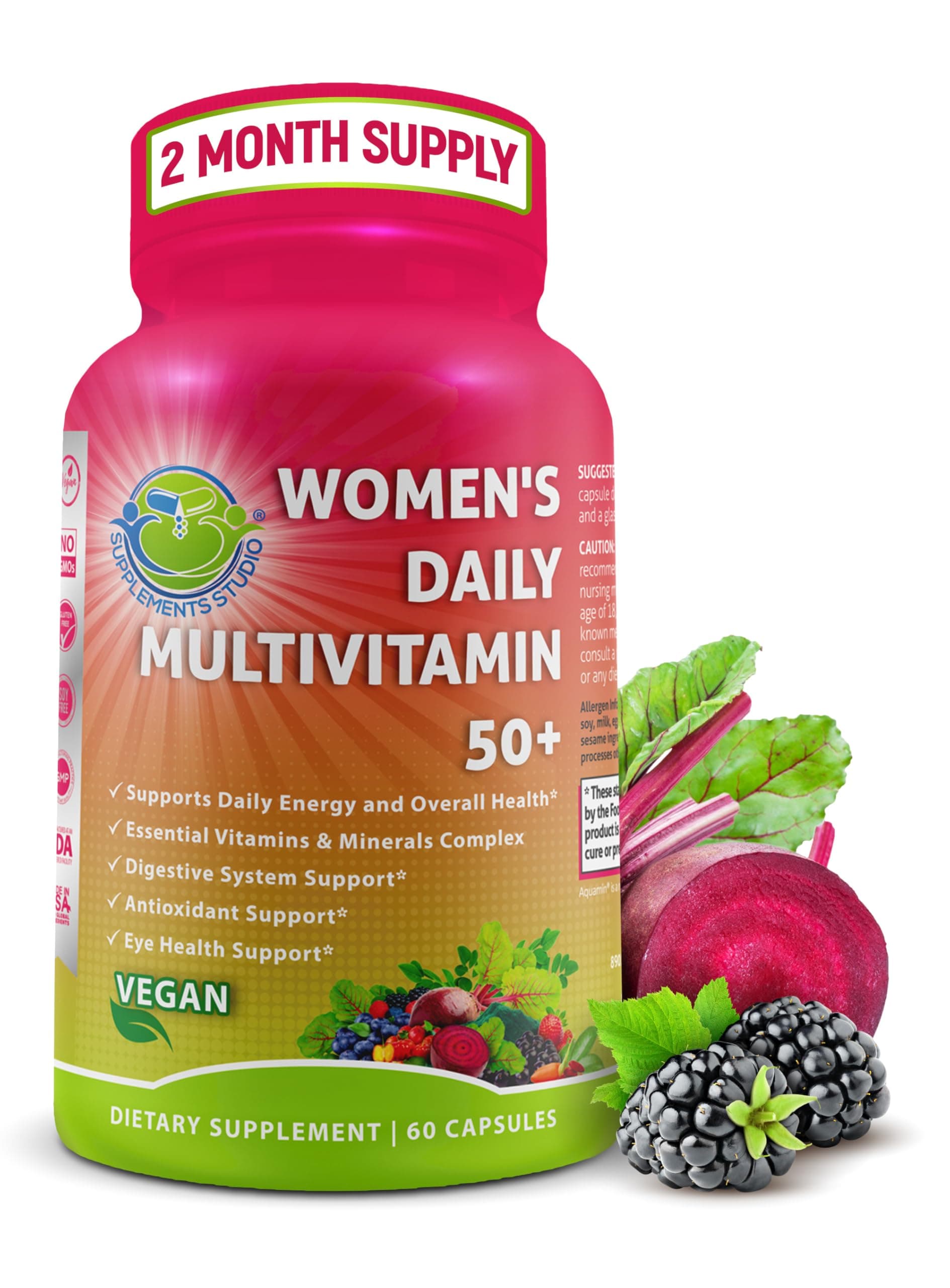 Women's Daily Multivitamin 50 Plus - Vegan Methylated Multivitamin for Women 50 and Over with Biotin, Organic Superfoods & Lutein - Eye, Energy, Gut & Optimal Health Support - Easy to Swallow Capsules