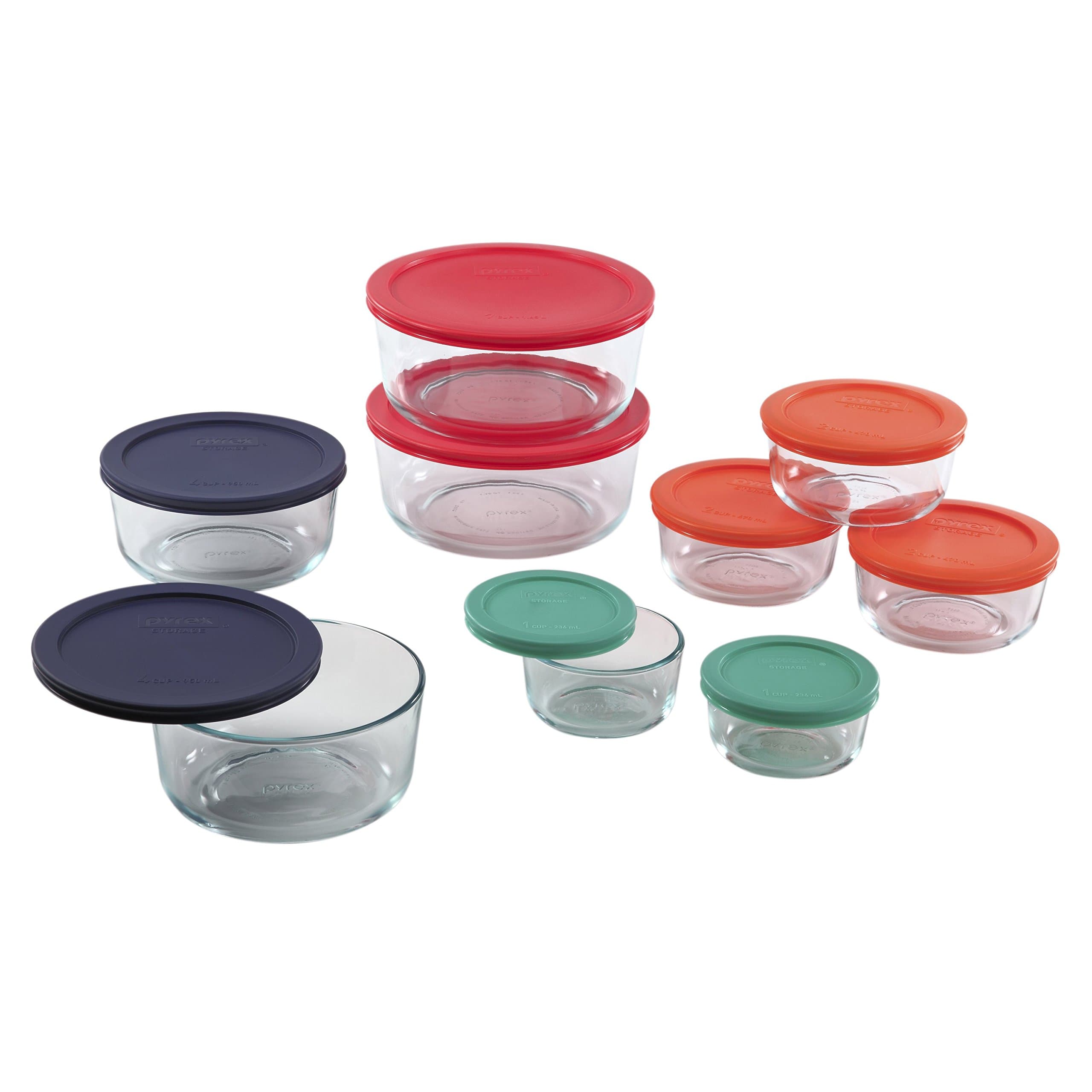 Pyrex1110141 18pc Glass Food Storage with Multi-colored Lids