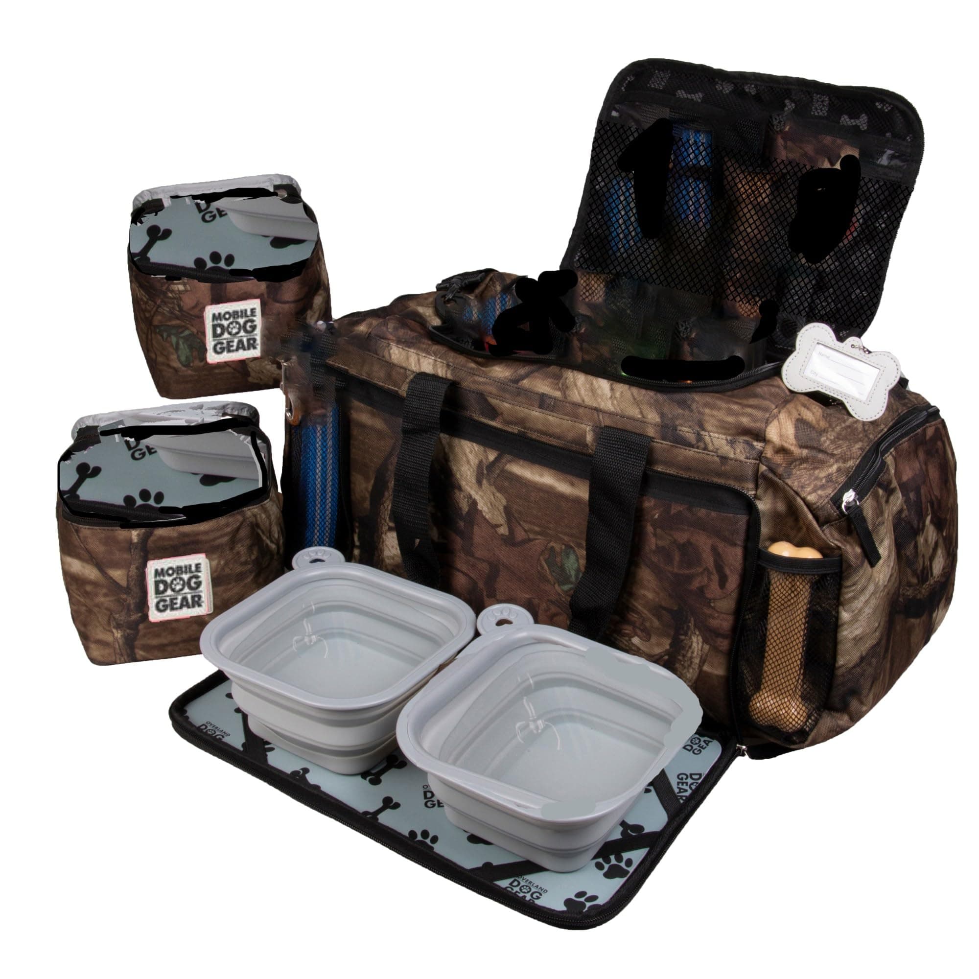 Mobile Dog Gear, Ultimate Week Away Dog Travel Duffel, Includes Lined Food Carriers and 2 Collapsible Dog Bowl, Camo