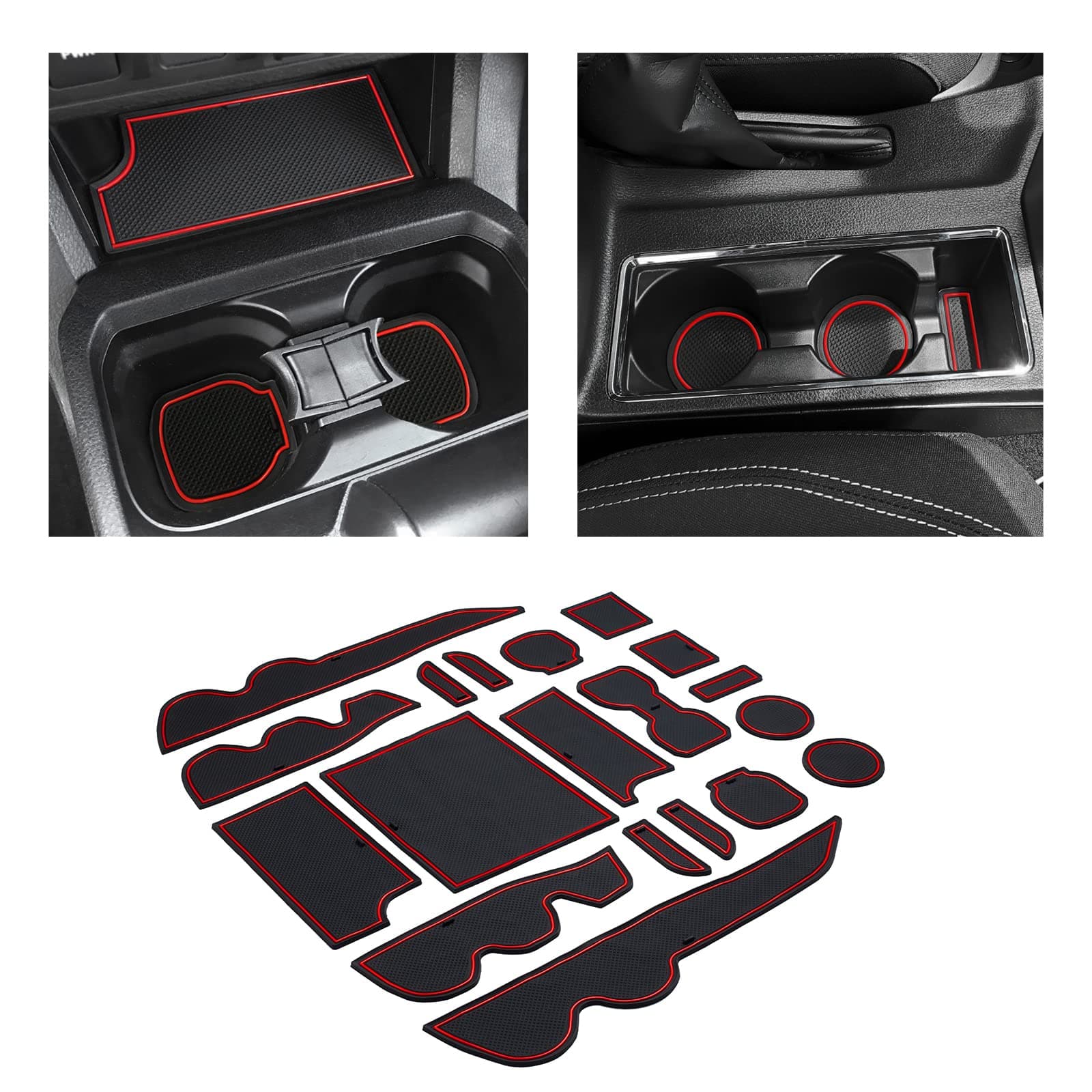 JKCOVER Premium Custom Liner Mat Accessories Compatible with Toyota Tacoma 2016 2017 2018 2019 2020 2021 2022 2023, Cup Holder, Door Pocket and Center Console Inserts 19 Pcs (Double Cab, Red Trim)