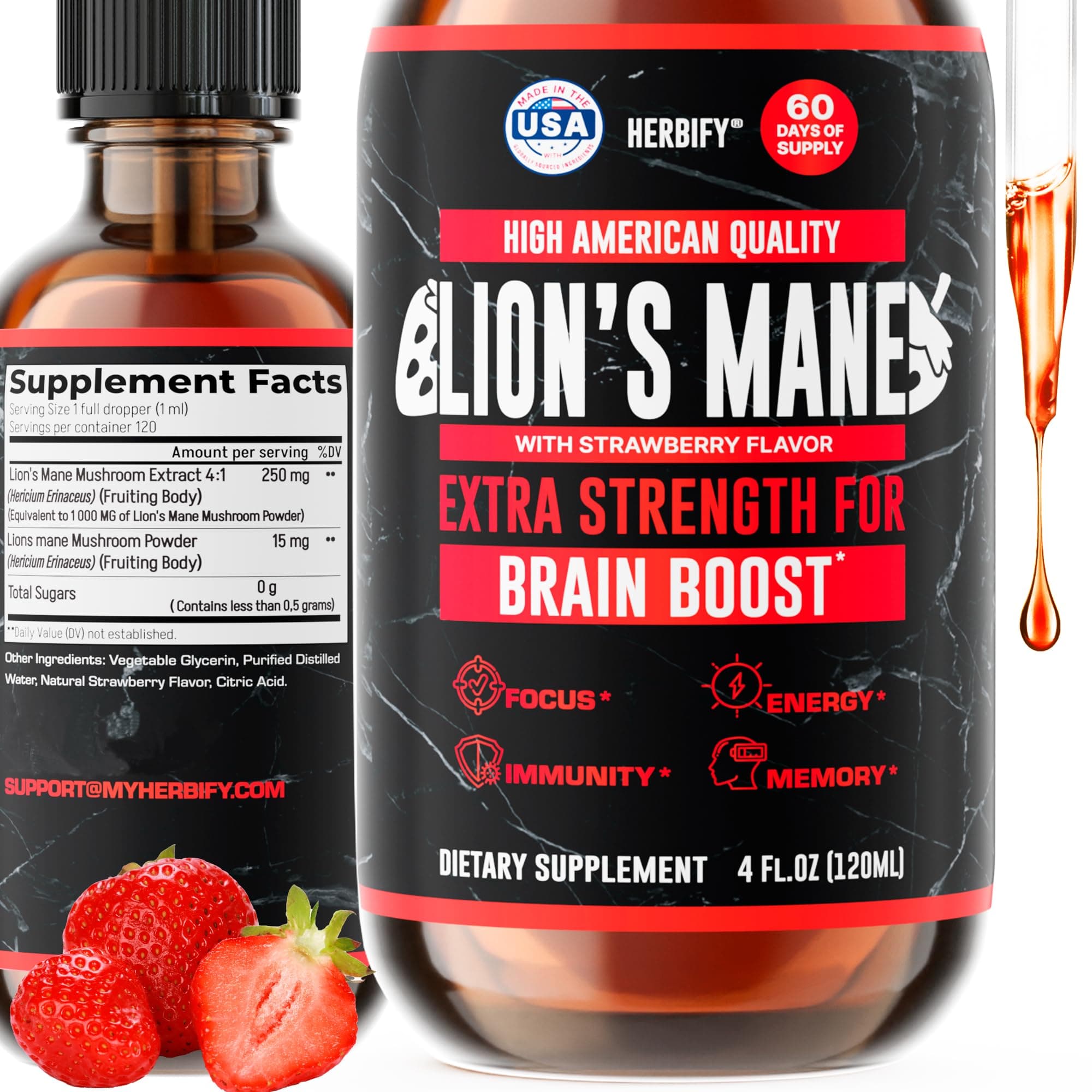 Lions Mane Supplement - Daily Mushroom Supplement for Memory, Focus & Clarity - Brain Booster - Lions Mane Tincture for Immune Support - 4 Fl oz Strawberry Flavor