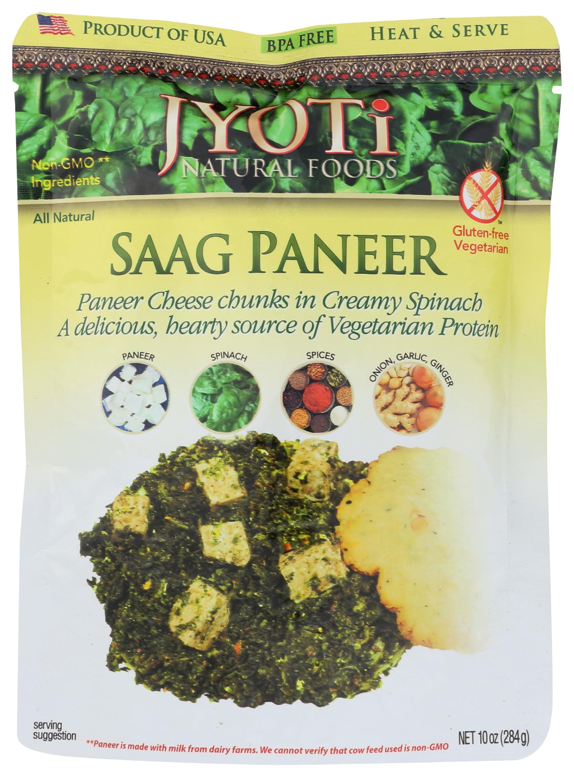 Jyoti Saag Paneer, 6 pouches of 10 oz each, All Natural, Product of USA, Gluten Free, Vegetarian, BPA Free