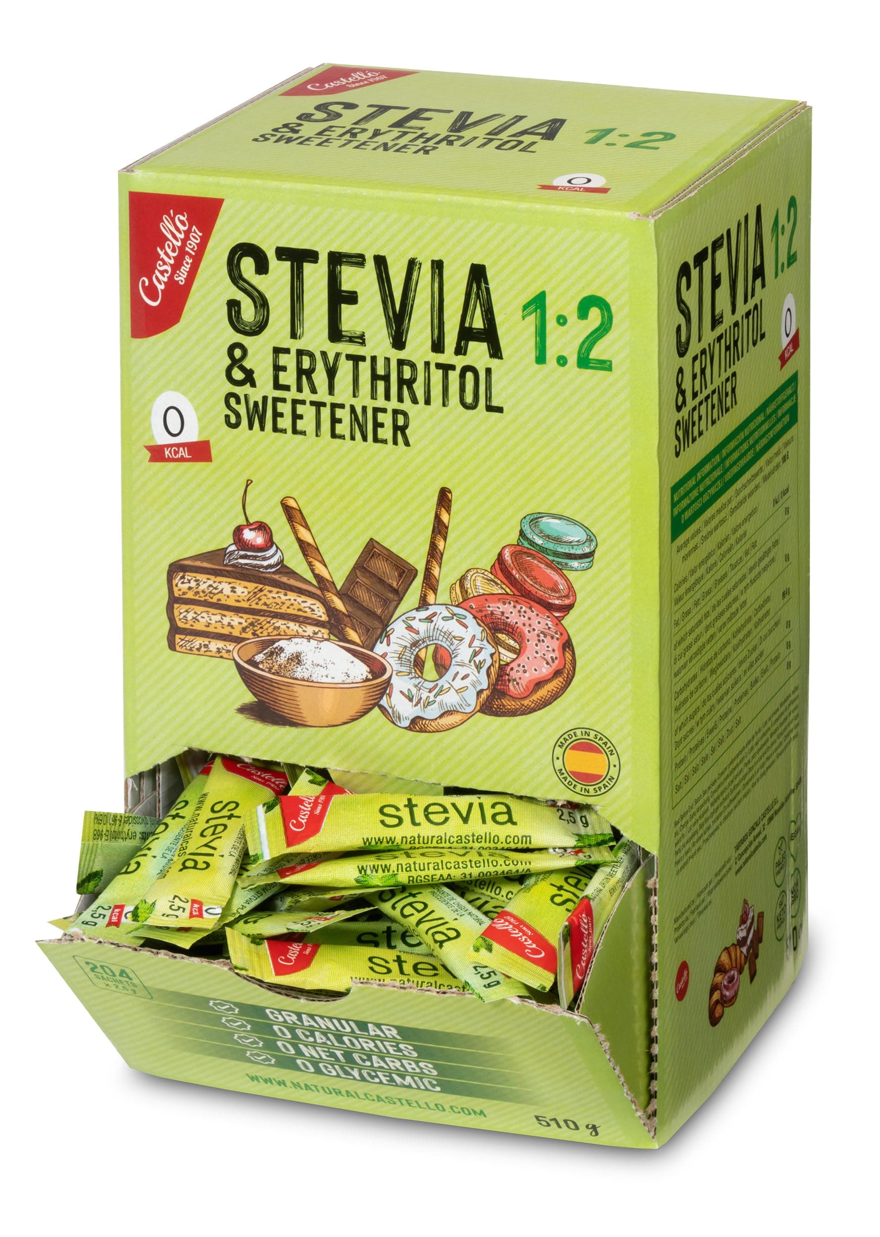 Castello since 1907 - Stevia + Erythritol 1:2 Sweetener | 204 sachets of 2.5g | 100% Natural taste Sugar Substitute - 0 Calories - 0 Glycemic Index - Keto and Paleo - 0 Net Carbohydrates - 510 g