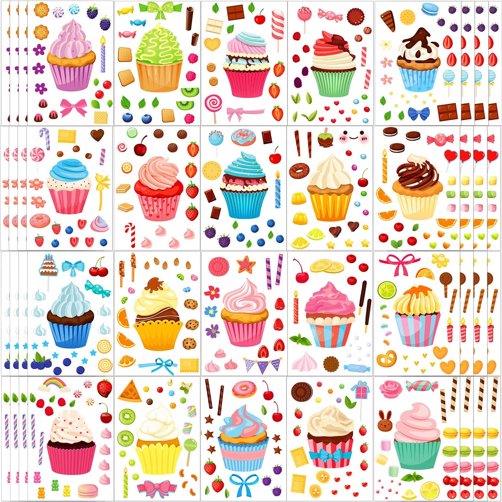Sinmoe100 Sheets Valentine Cupcake Stickers Colorful Make Your Own DIY Sweet Kids Cupcake Craft Mix and Match Dessert Stickers for Kids Classroom Birthday Party Favor, 20 Styles