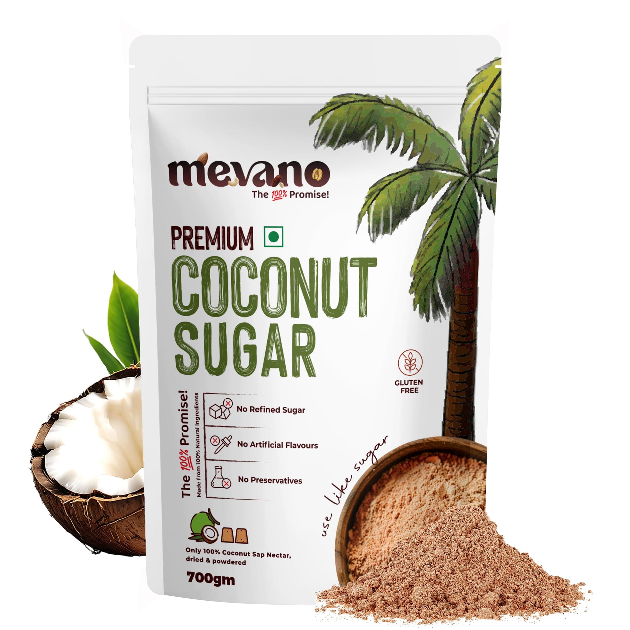 Mevano Coconut Sugar (700g) for Kids & Adults | Unprocessed Coconut Jaggery Natural Sweetener (Gur/Gud) Powder | Healthy Sugar Substitute | No Preservatives or Additives