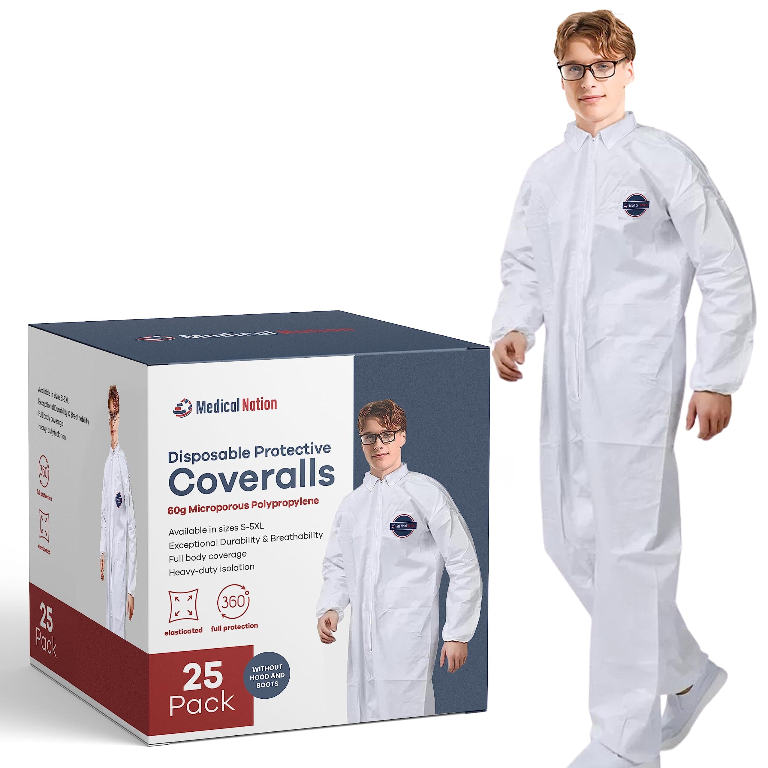 Hazmat Suits Disposable | 25 Pack, Extra Large | Non-Hooded Protective Coveralls - Heavy Duty Full Body Painters Suit for Men & Women Without Hood - Breathable & Water Resistant - XL
