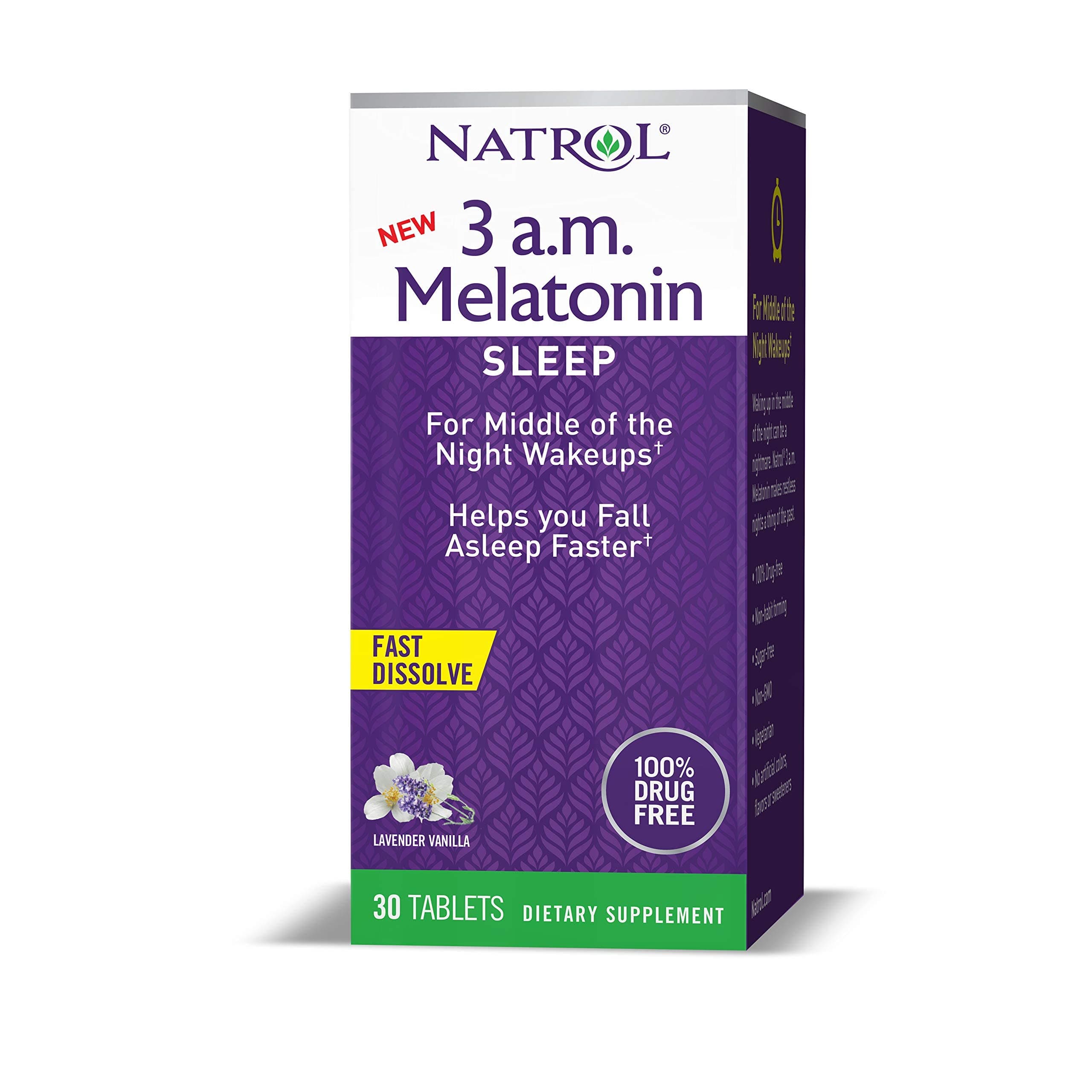 Natrol3 a.m. Melatonin Sleep Aid, Lavender Vanilla Flavor, 30 Fast Dissolve Tablets